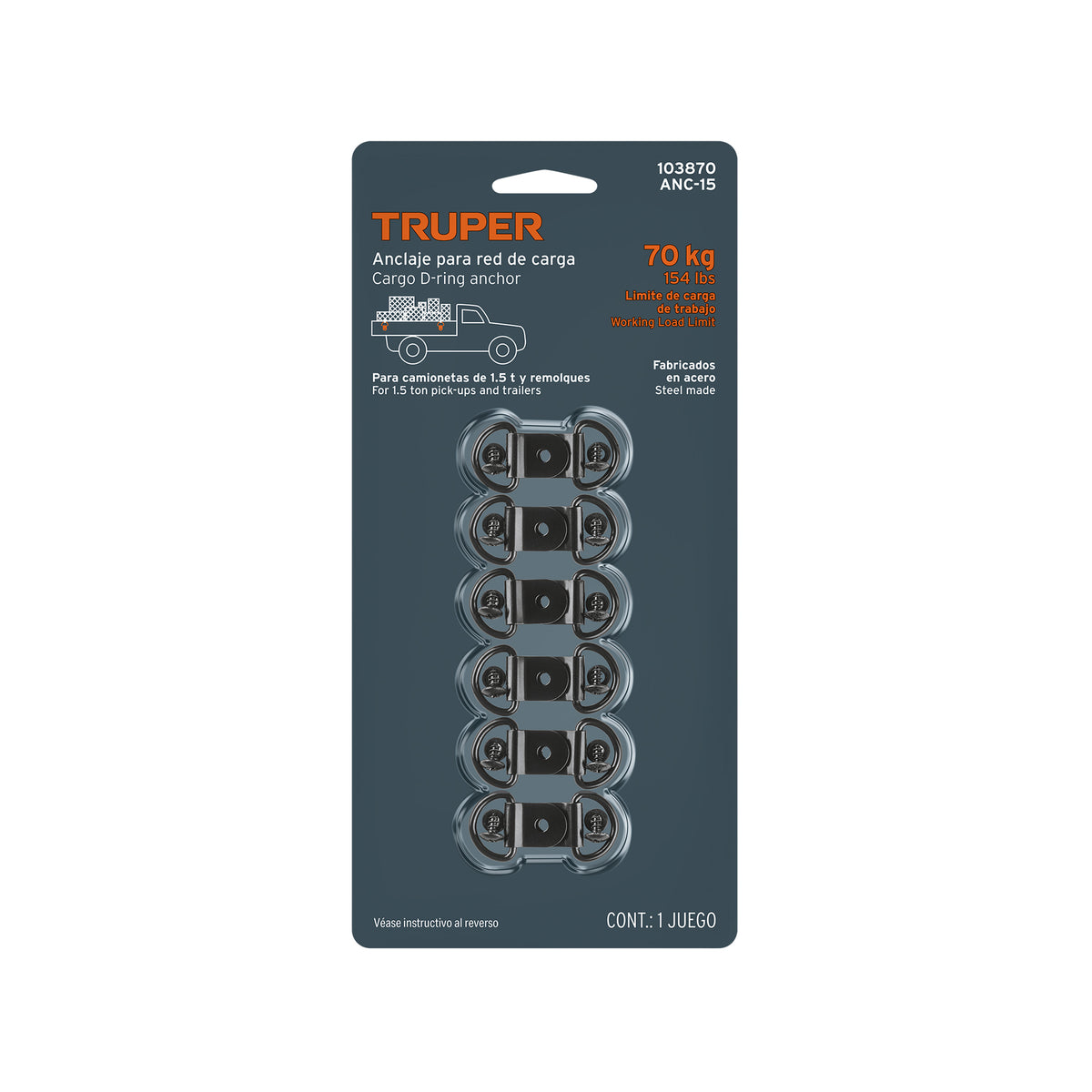 Blister con 12 anclajes para red de carga de 1.5 ton.