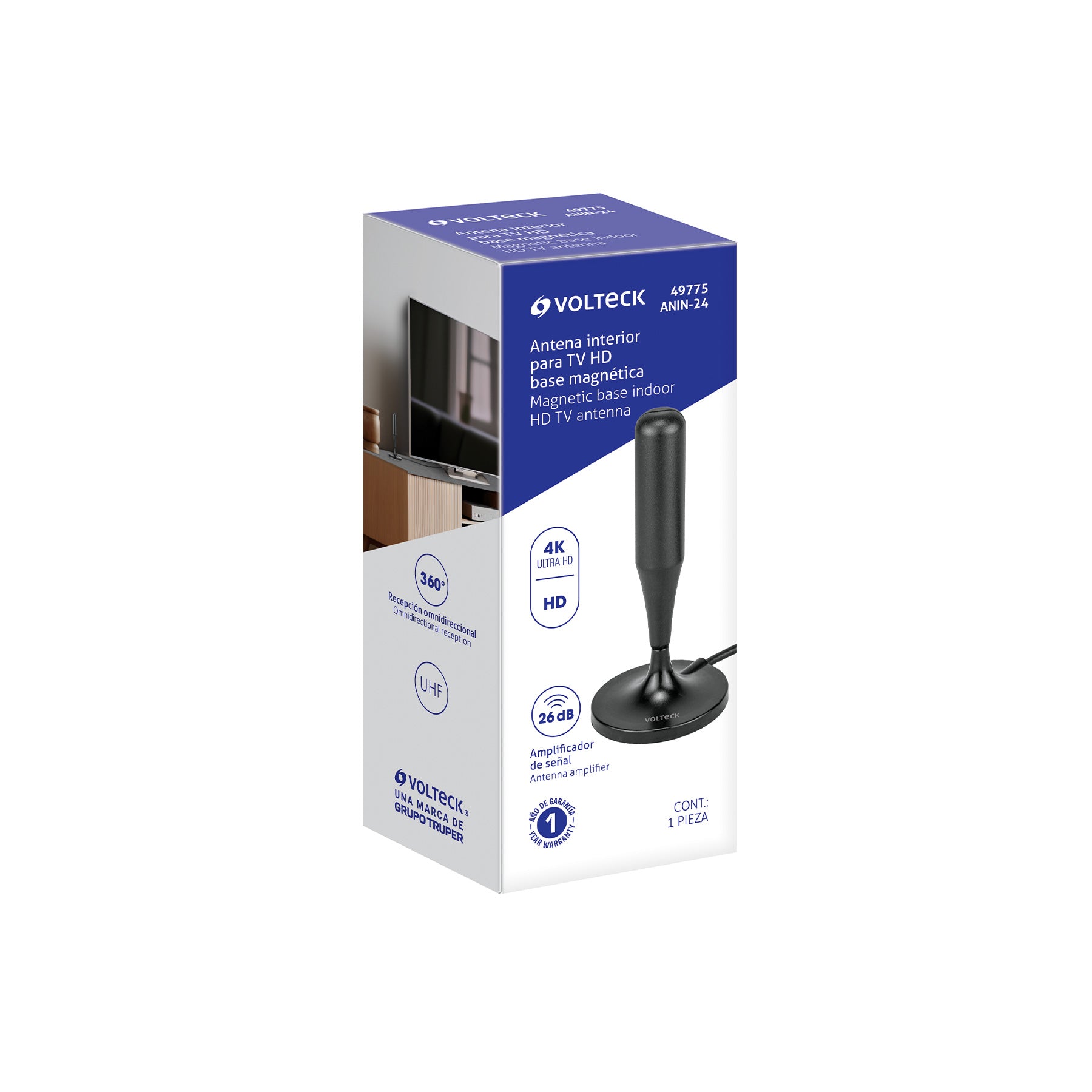 Antena de interior para TV HD, base magnética, 24 dB VOLTECK