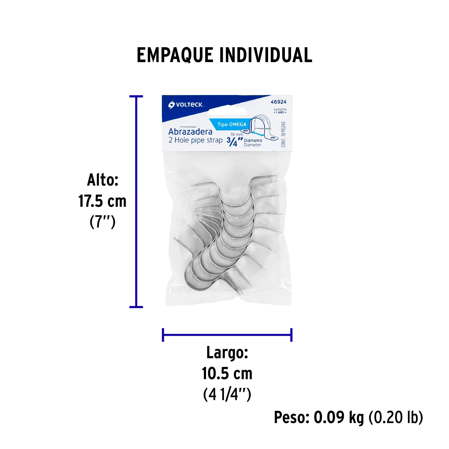 Abrazadera tubo tipo omega 3/4", bolsa con 10 pzas, Volteck