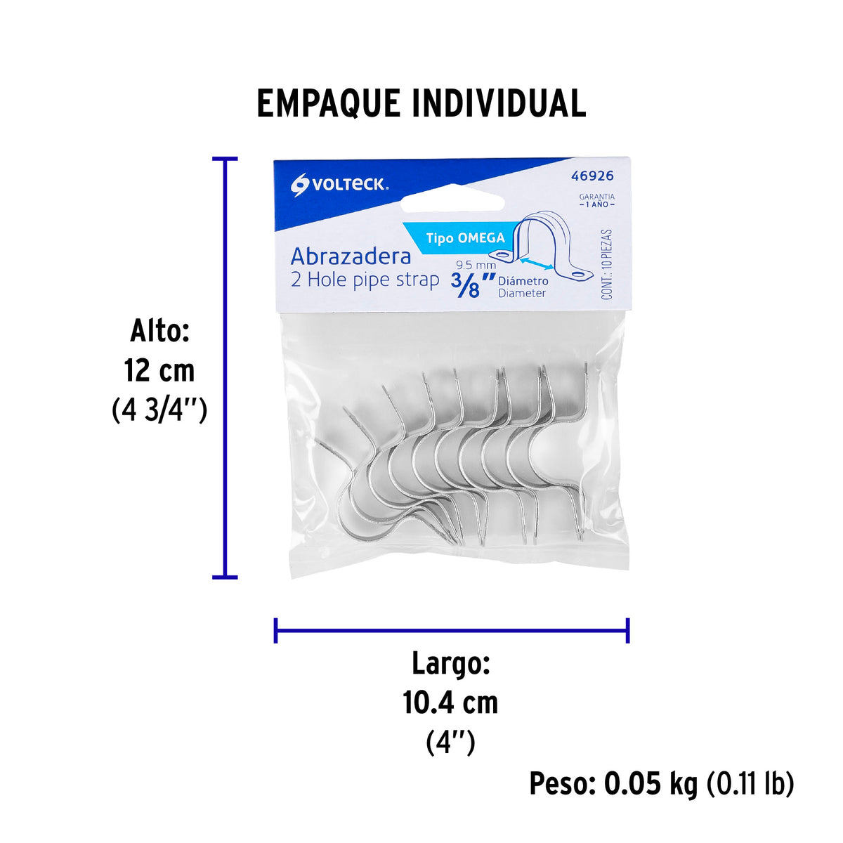 Abrazadera para tubo, tipo omega 3/8", bolsa 10 pzas