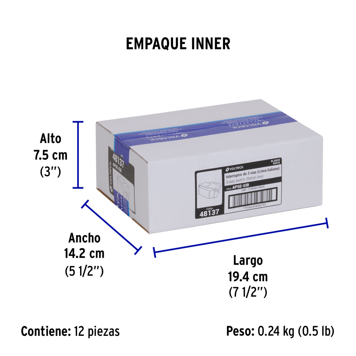 Interruptor de 3 vías, línea Italiana, color blanco