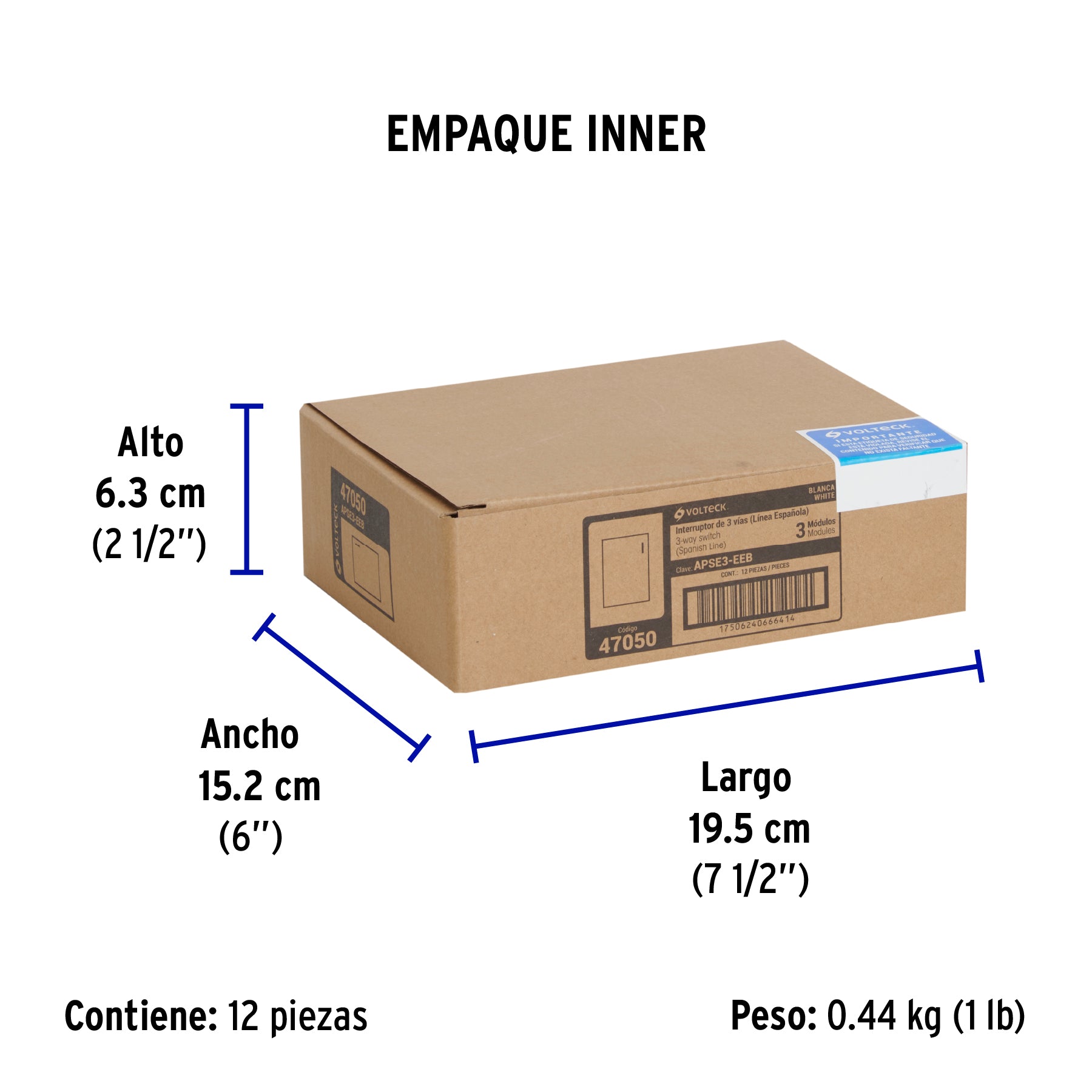 Interruptor de 3 vías, 3 módulos, línea Española, blanco