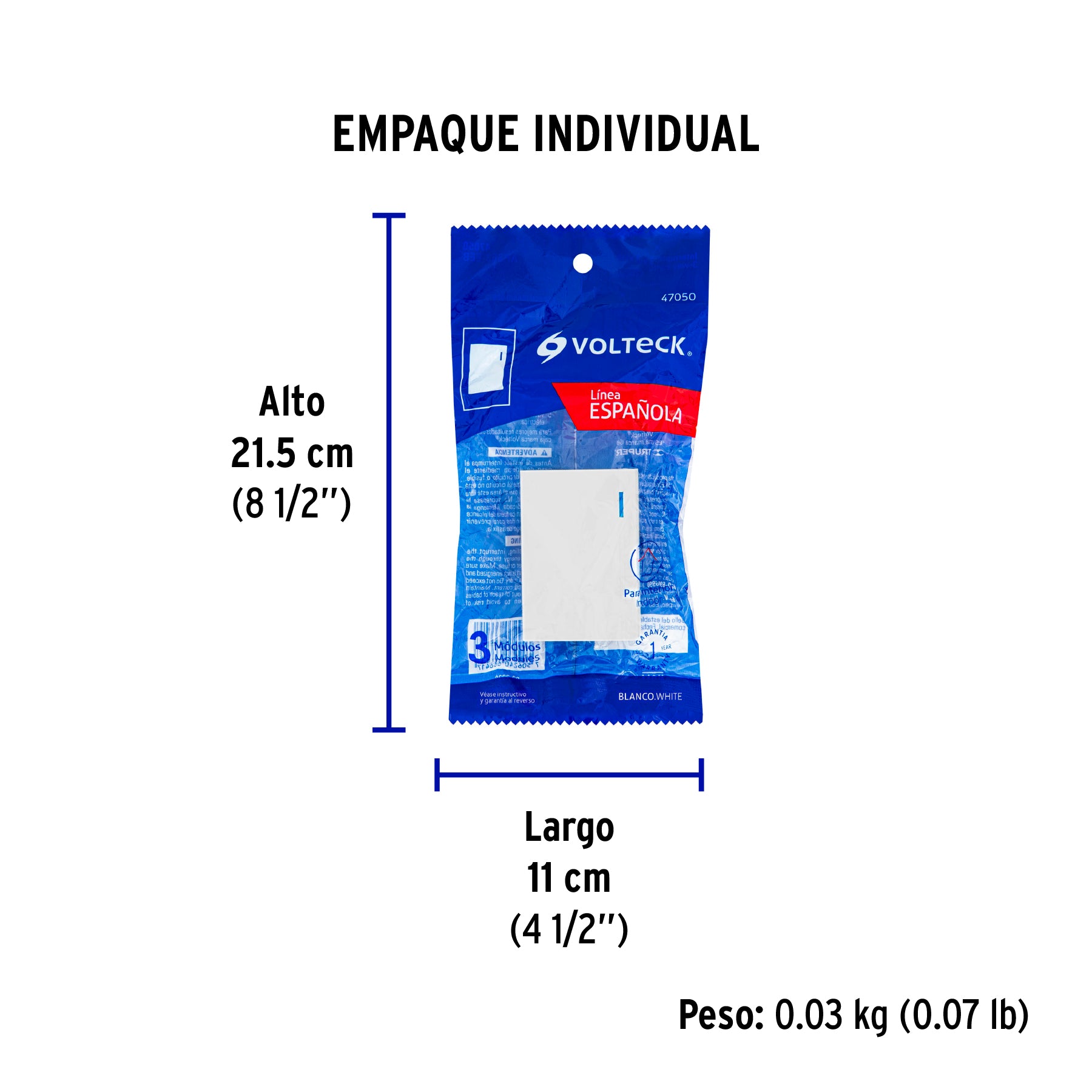 Interruptor de 3 vías, 3 módulos, línea Española, blanco