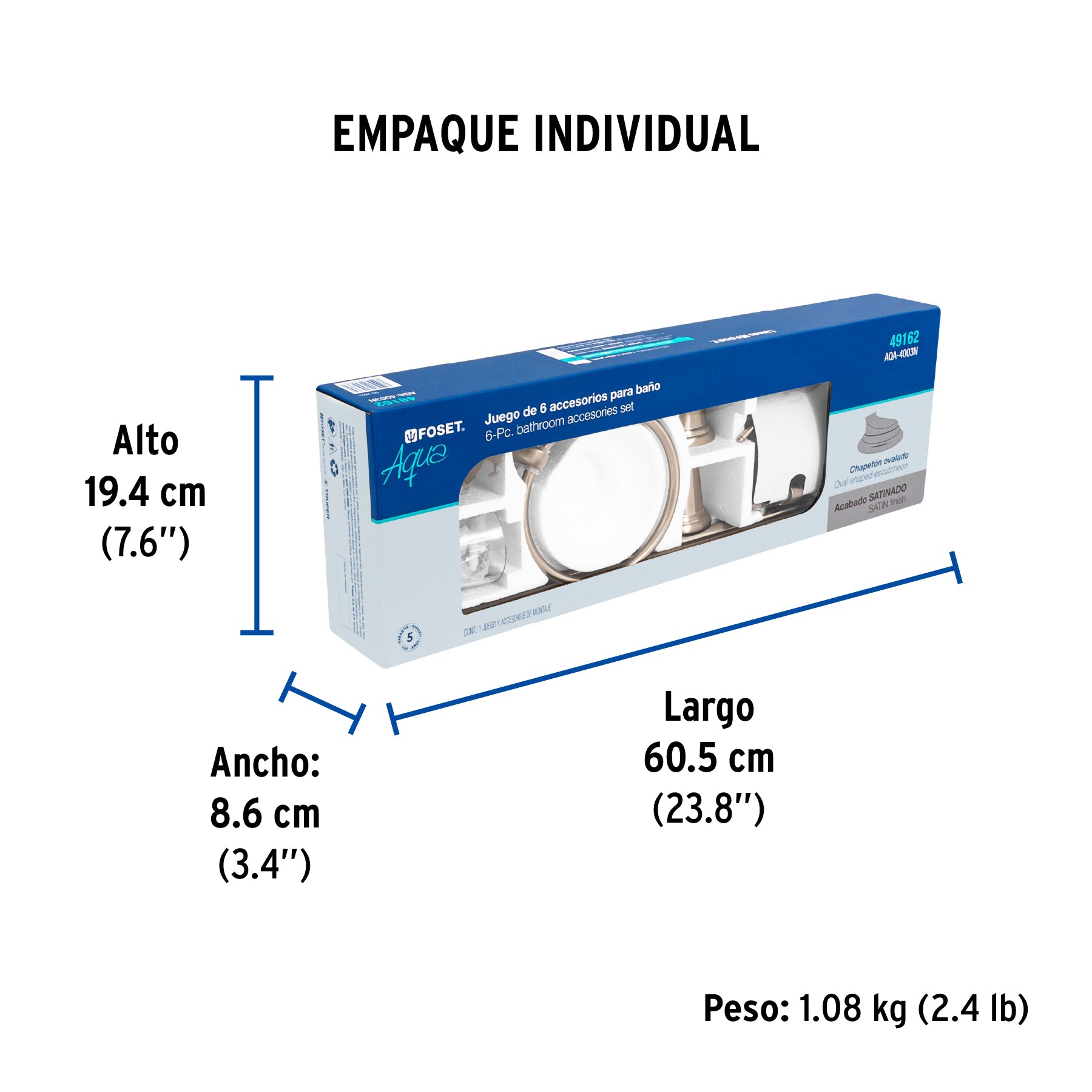 Jgo de acc p/baño con jabonera rejilla, satín,6 pzas, Aqua