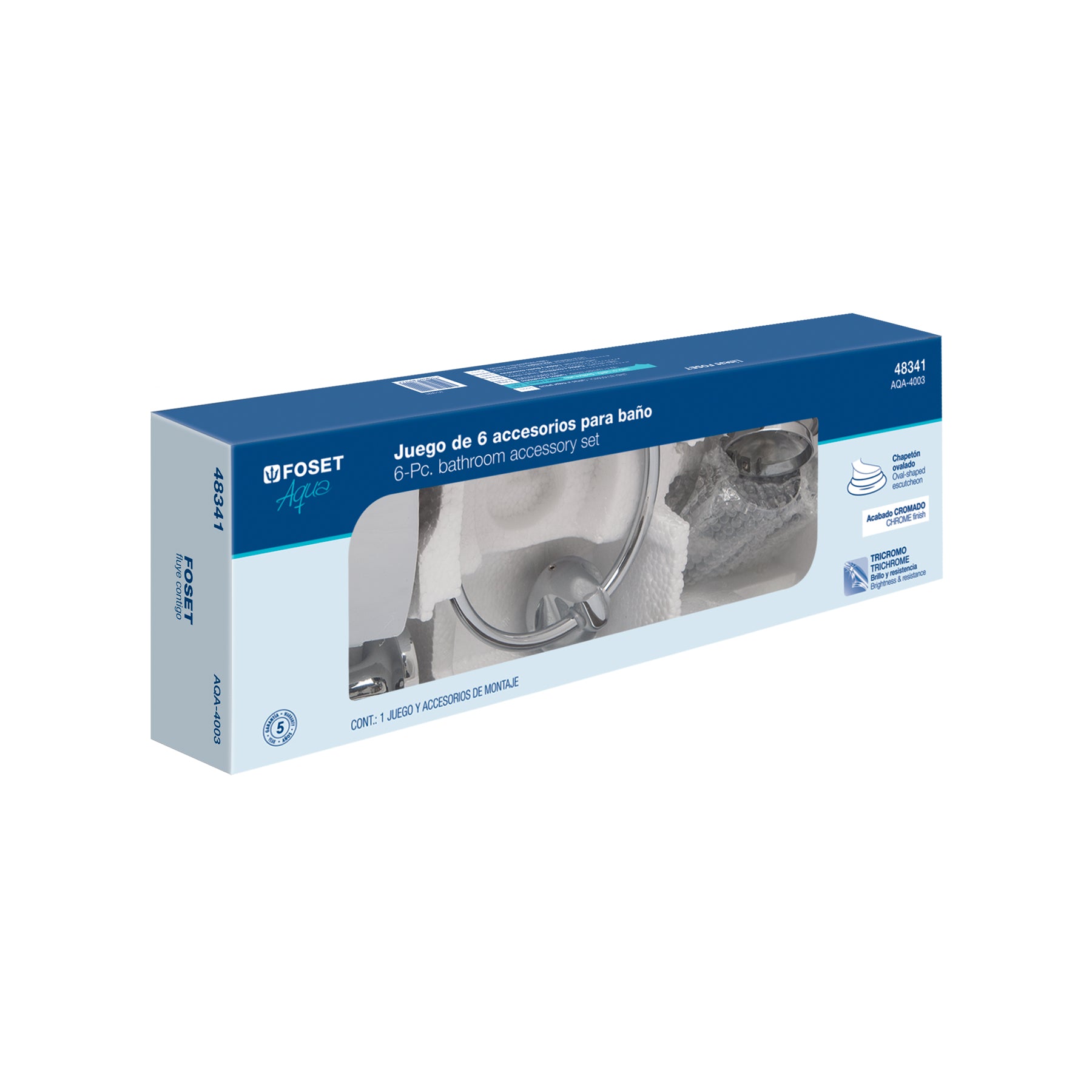 Jgo de acc p/baño con jabonera rejilla, cromo, 6 pzas, Aqua