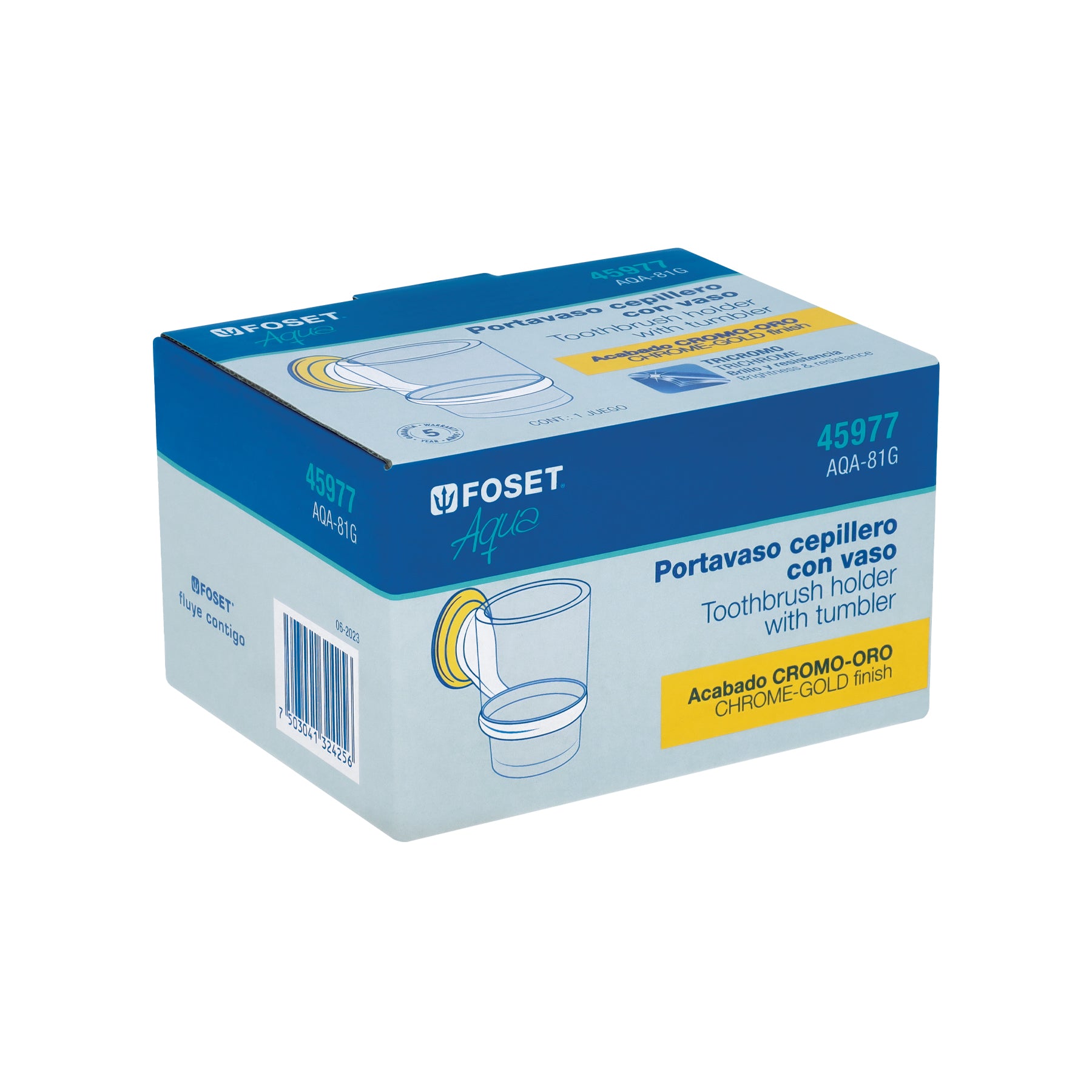 Portavaso cepillero cromo-oro con vaso de vidrio, Foset Aqua