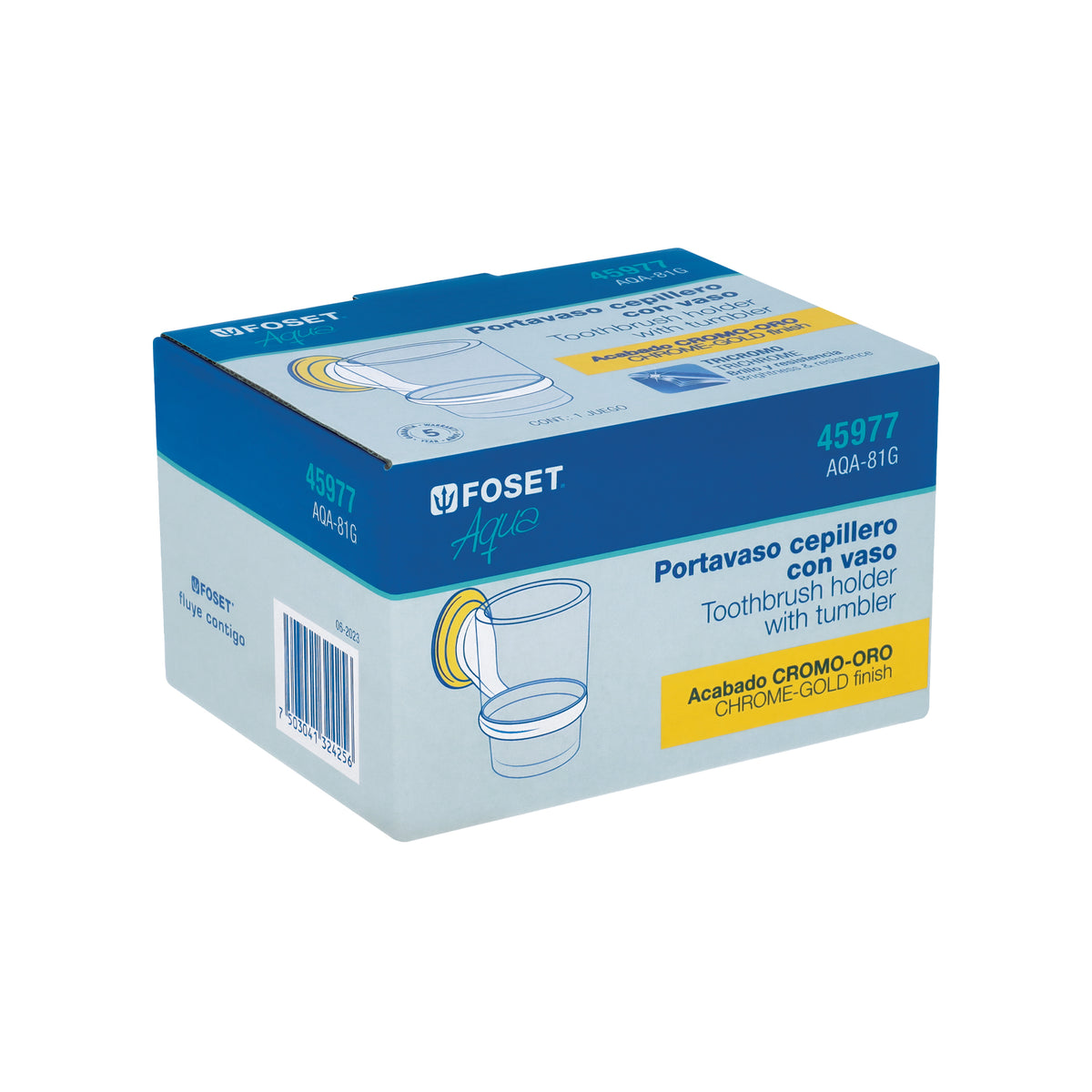 Portavaso cepillero cromo-oro con vaso de vidrio, Foset Aqua