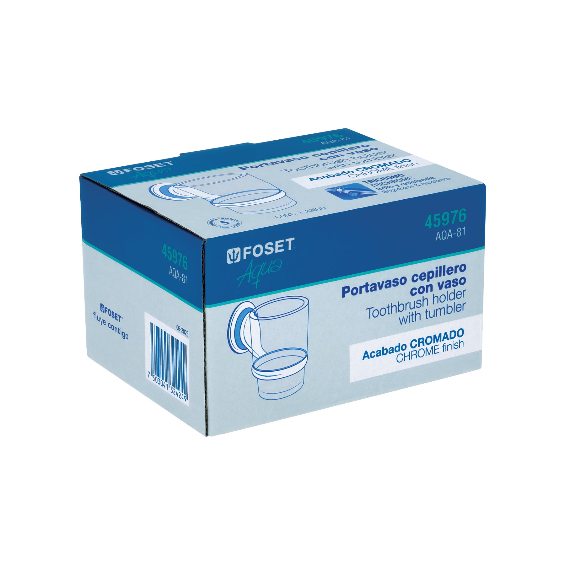 Portavaso cepillero cromo con vaso de vidrio, Foset Aqua
