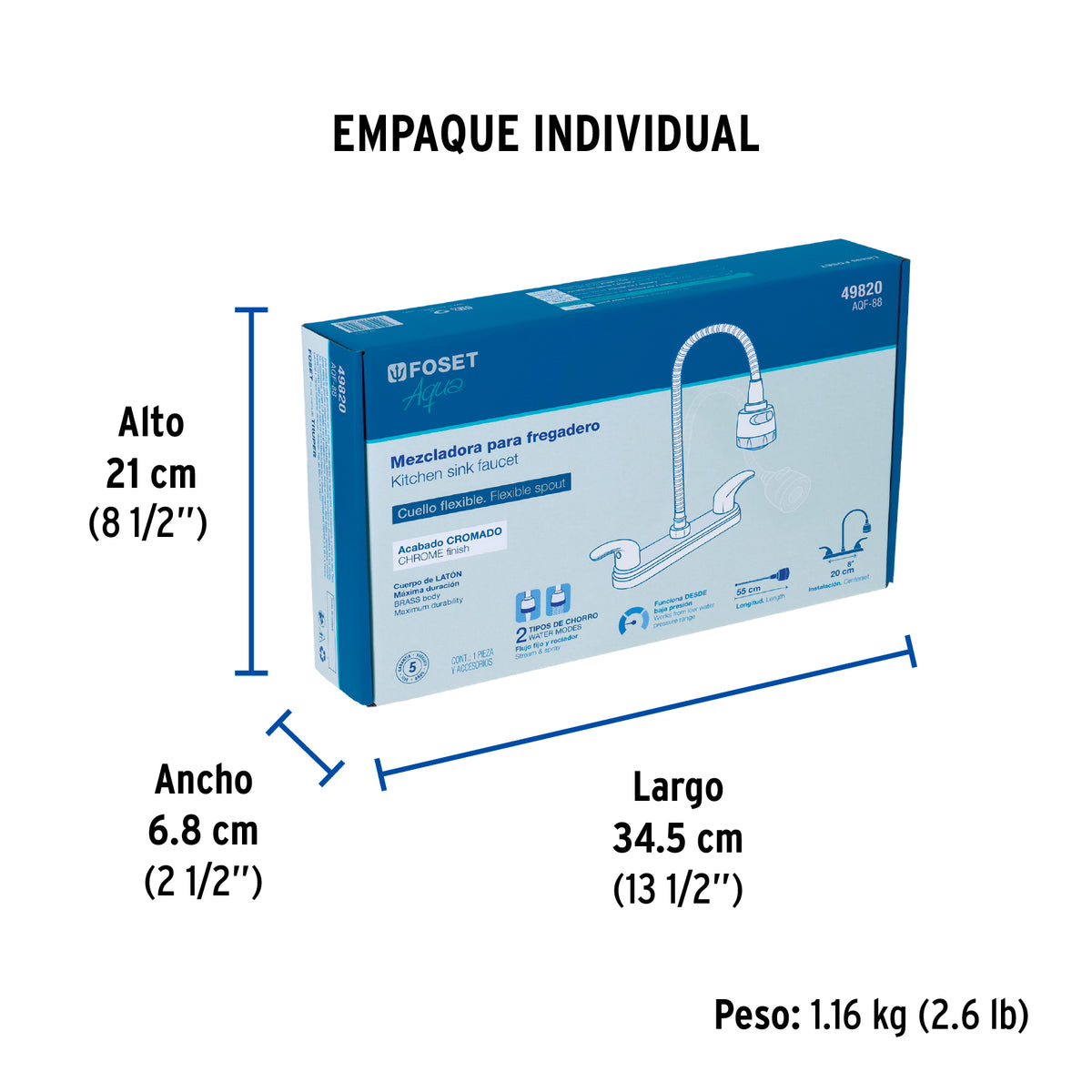 Mezcladora inox 8' p/fregadero, flexible, palanca, Foset
