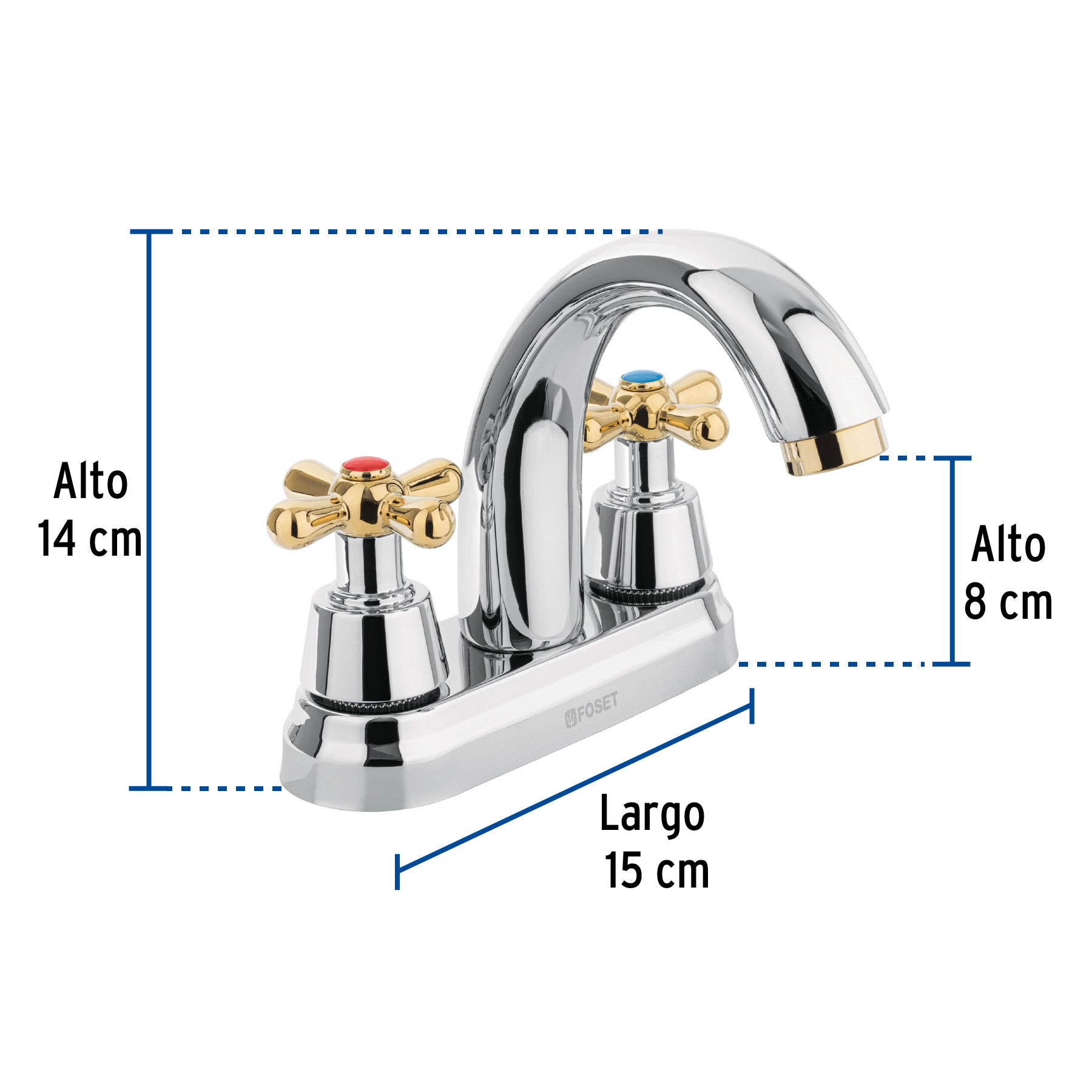 Mezcladora lavabo 4" cromo-oro, nariz curva, cruceta, AQUA