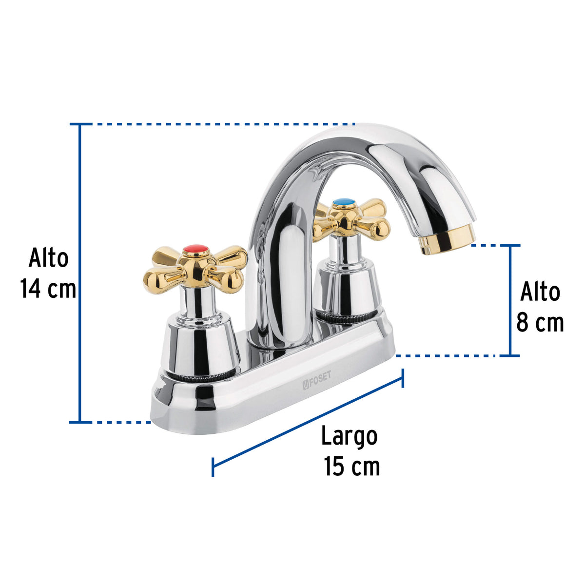 Mezcladora lavabo 4" cromo-oro, nariz curva, cruceta, AQUA