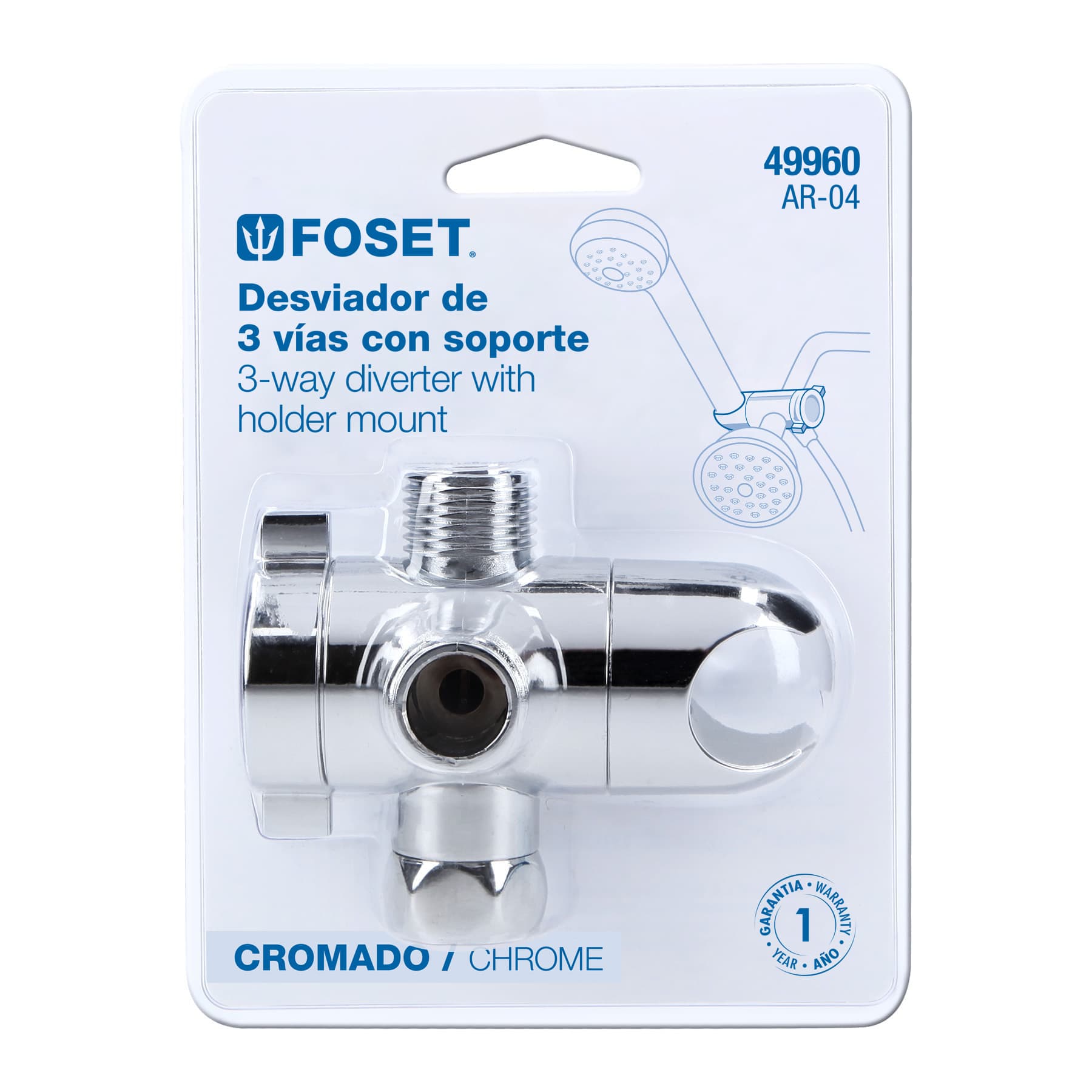Desviador de 3 vías para brazo con soporte, cromo