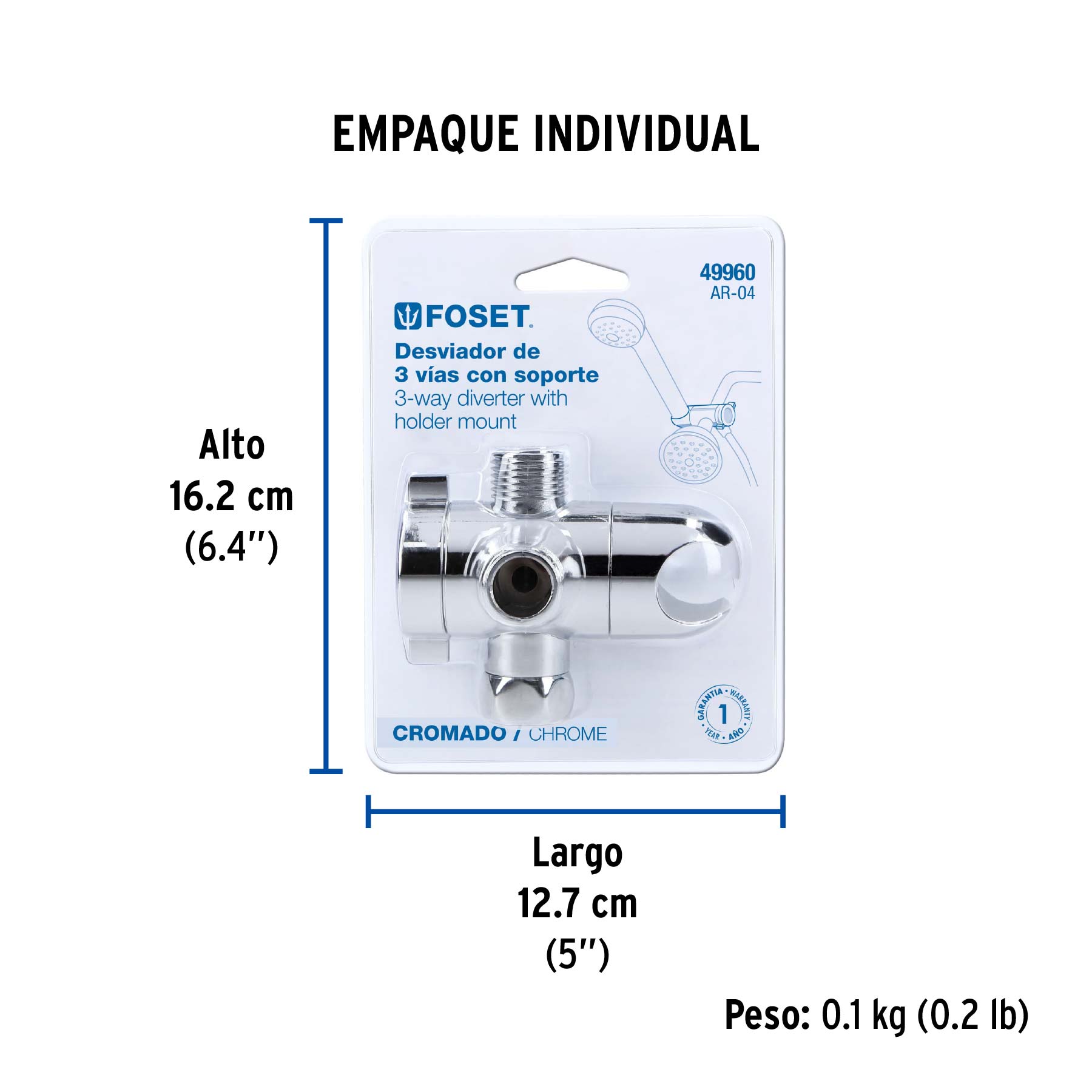 Desviador de 3 vías para brazo con soporte, cromo