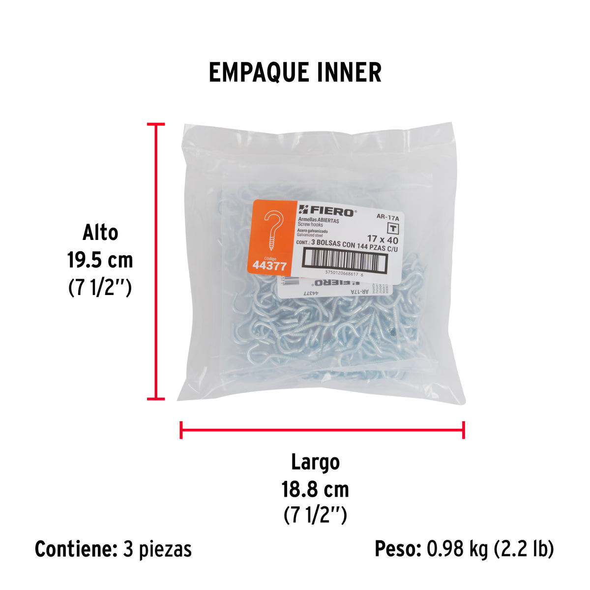 Armella 17 x 40, abierta, caja con 144 pzas