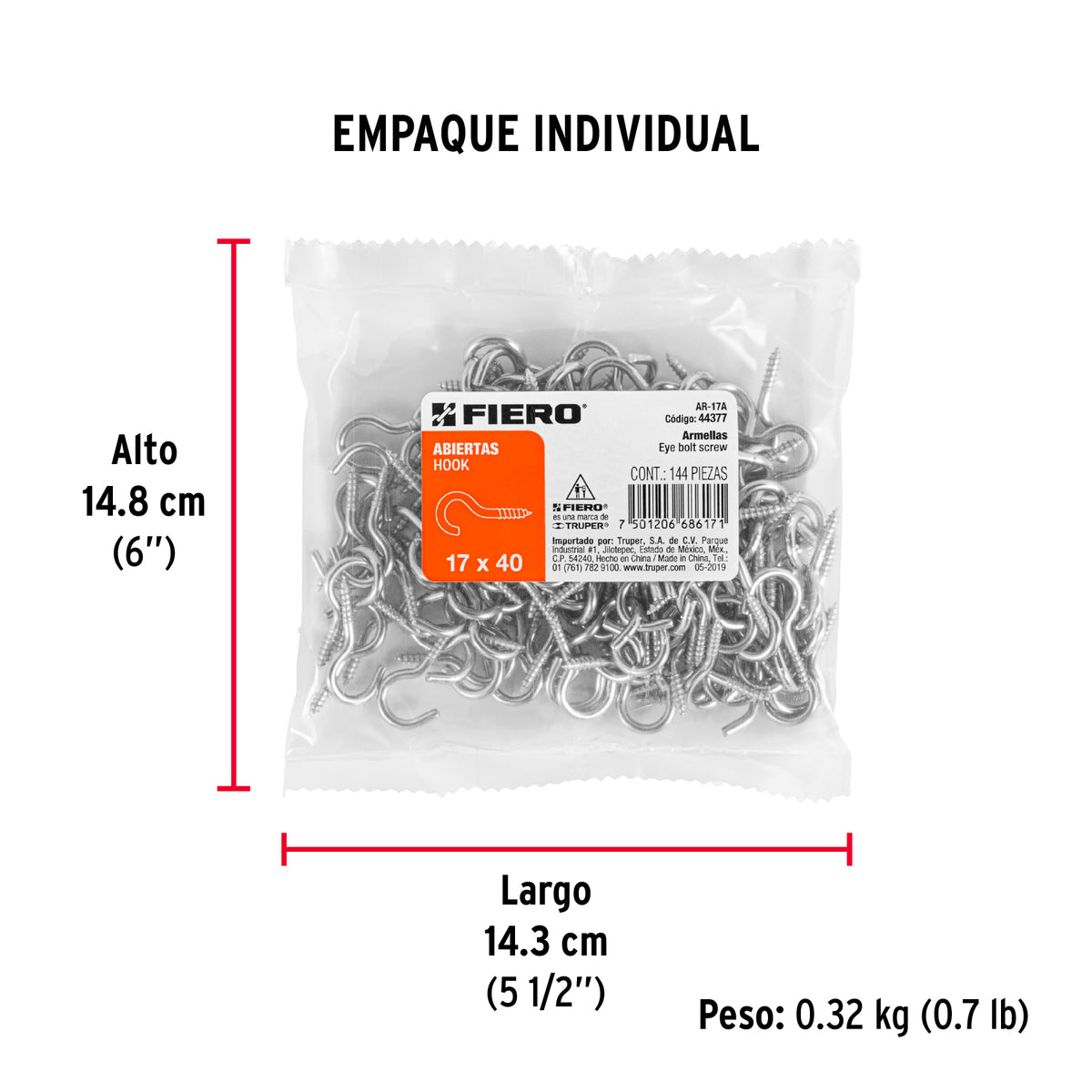 Armella 17 x 40, abierta, caja con 144 pzas