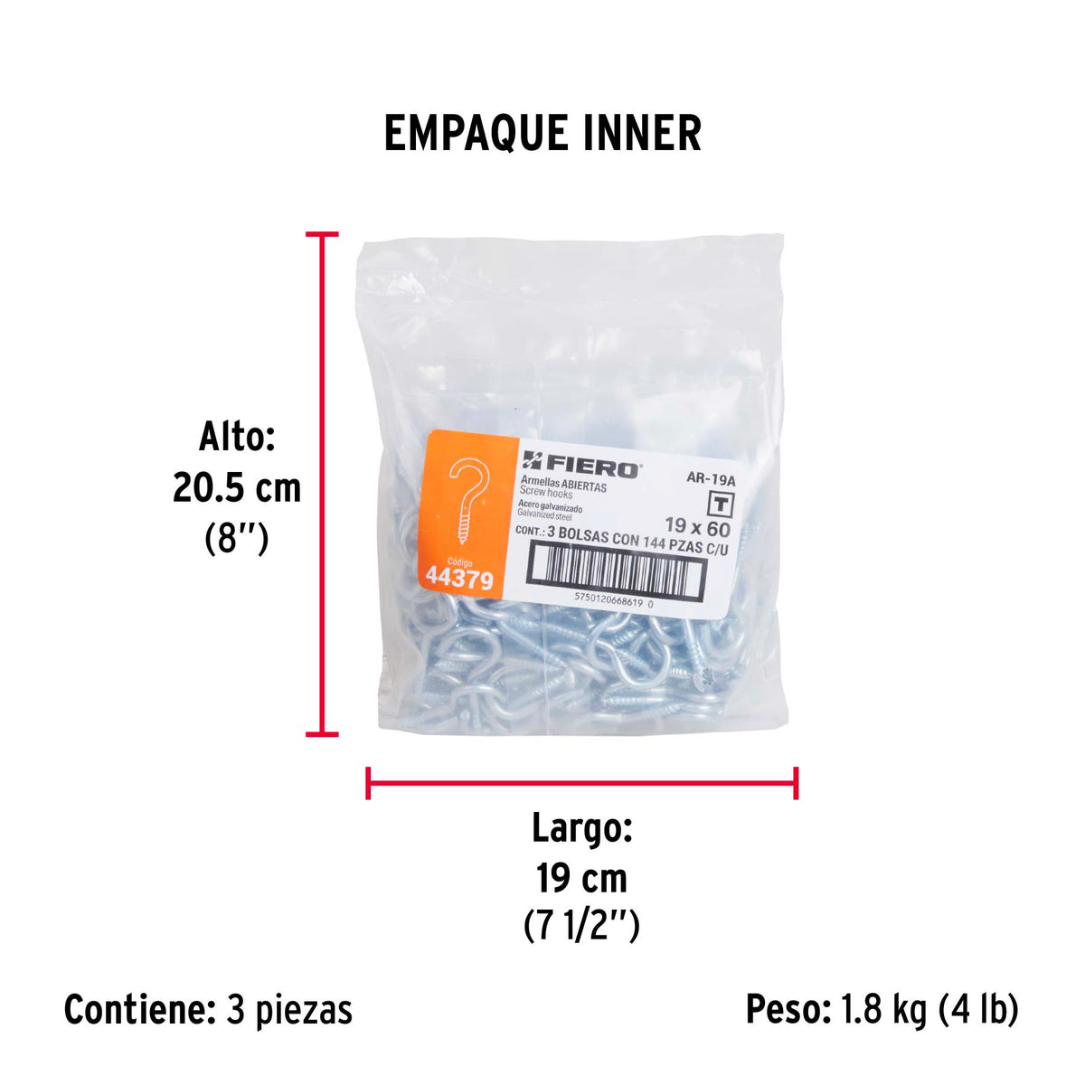 Armella 19 x 60, abierta, caja con 144 pzas