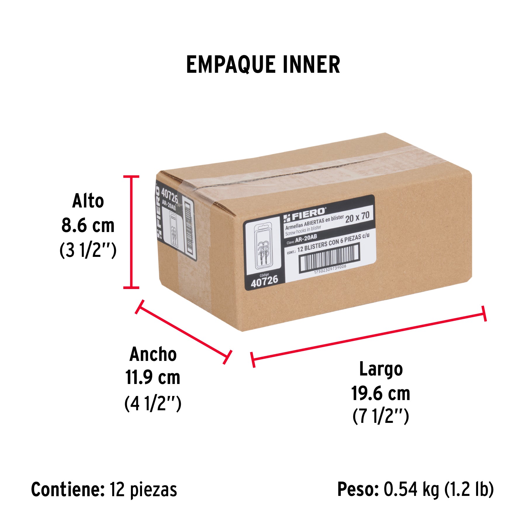 Blíster con 6 armellas abiertas de 20 x 70, Fiero