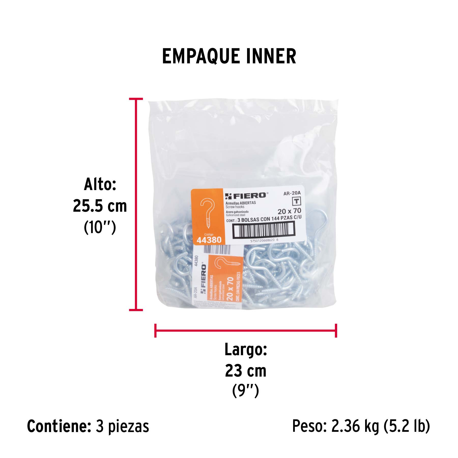 Armella 20 x 70, abierta, caja con 144 pzas