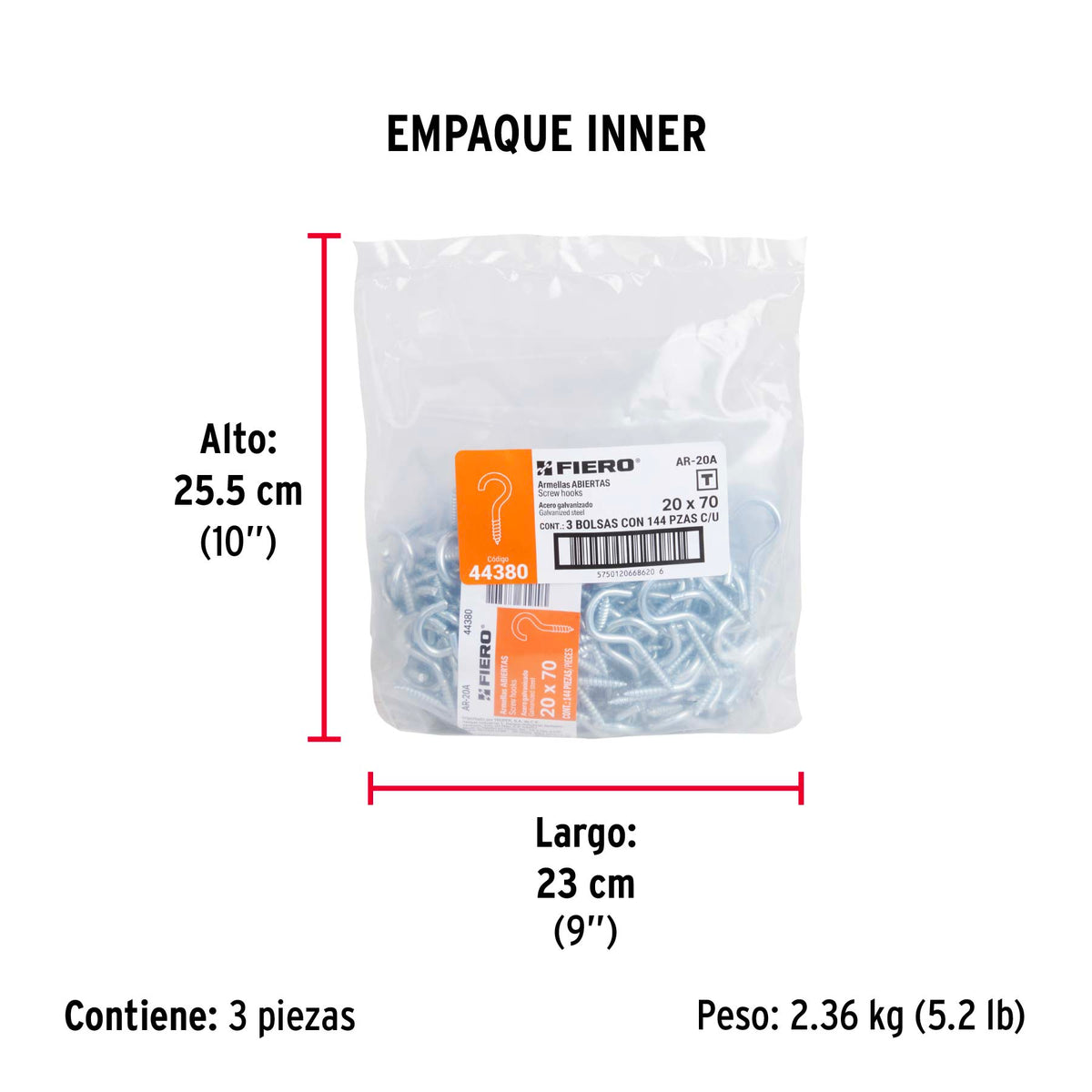 Armella 20 x 70, abierta, caja con 144 pzas