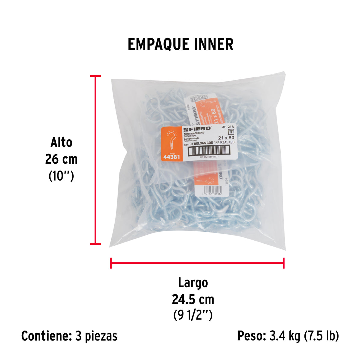 Armella 21 x 80, abierta, caja con 144 pzas