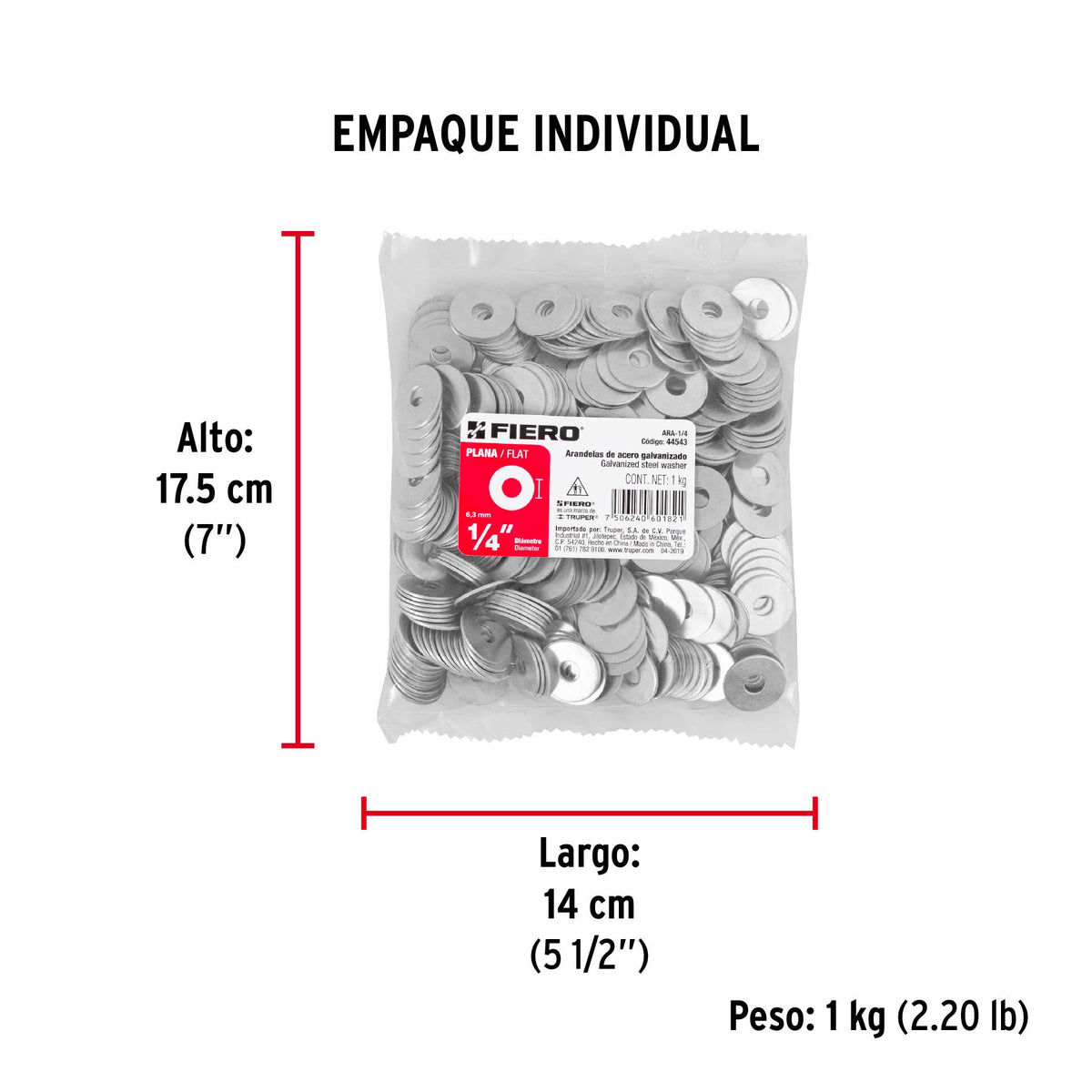 Arandela de acero galvanizado de 1/4", bolsa de 1 kg