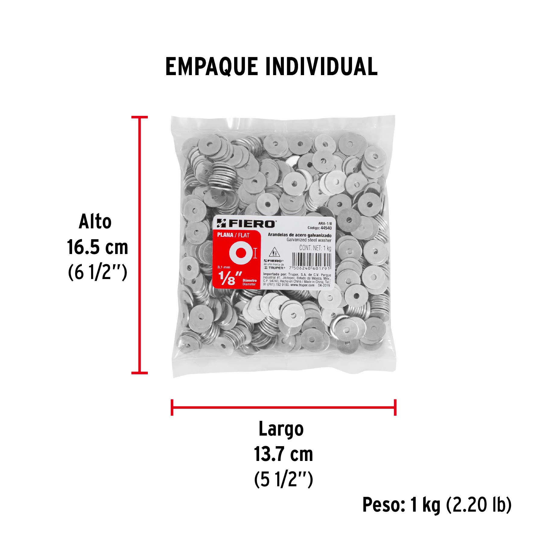 Arandela de acero galvanizado de 1/8", bolsa de 1 kg