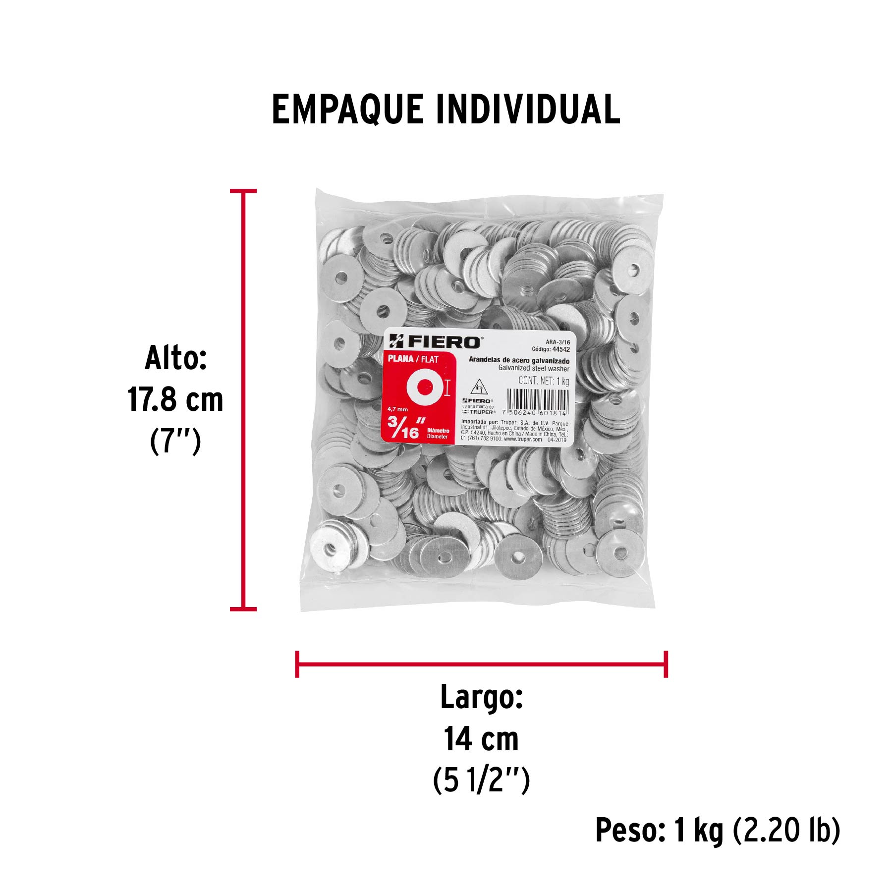 Arandela de acero galvanizado de 3/16", bolsa de 1 kg