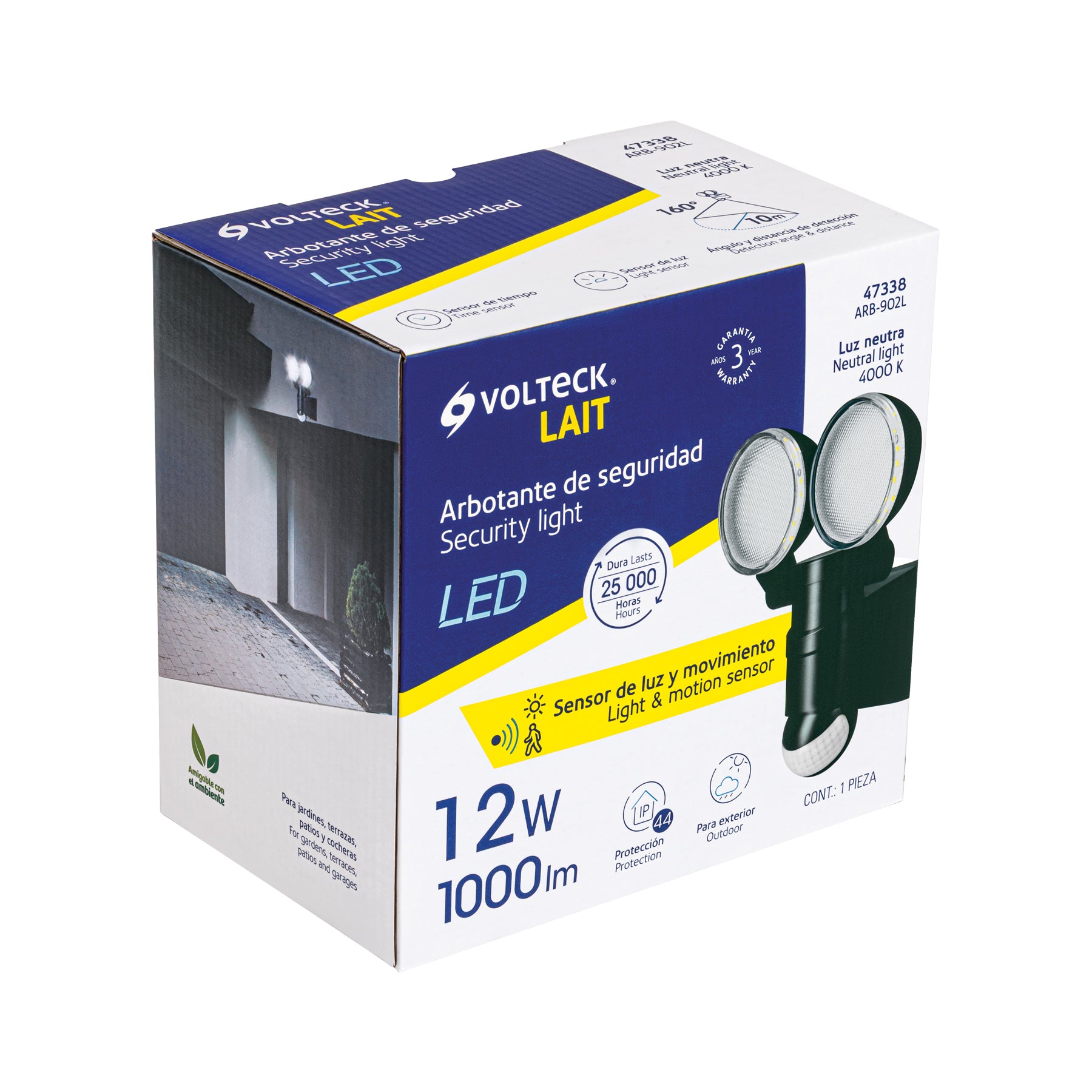 Arbotante negro con sensor de movimiento, LED, 12 W
