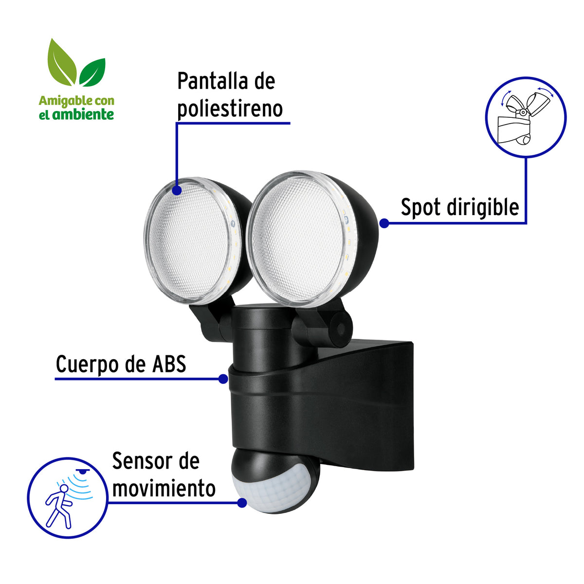 Arbotante negro con sensor de movimiento, LED, 12 W