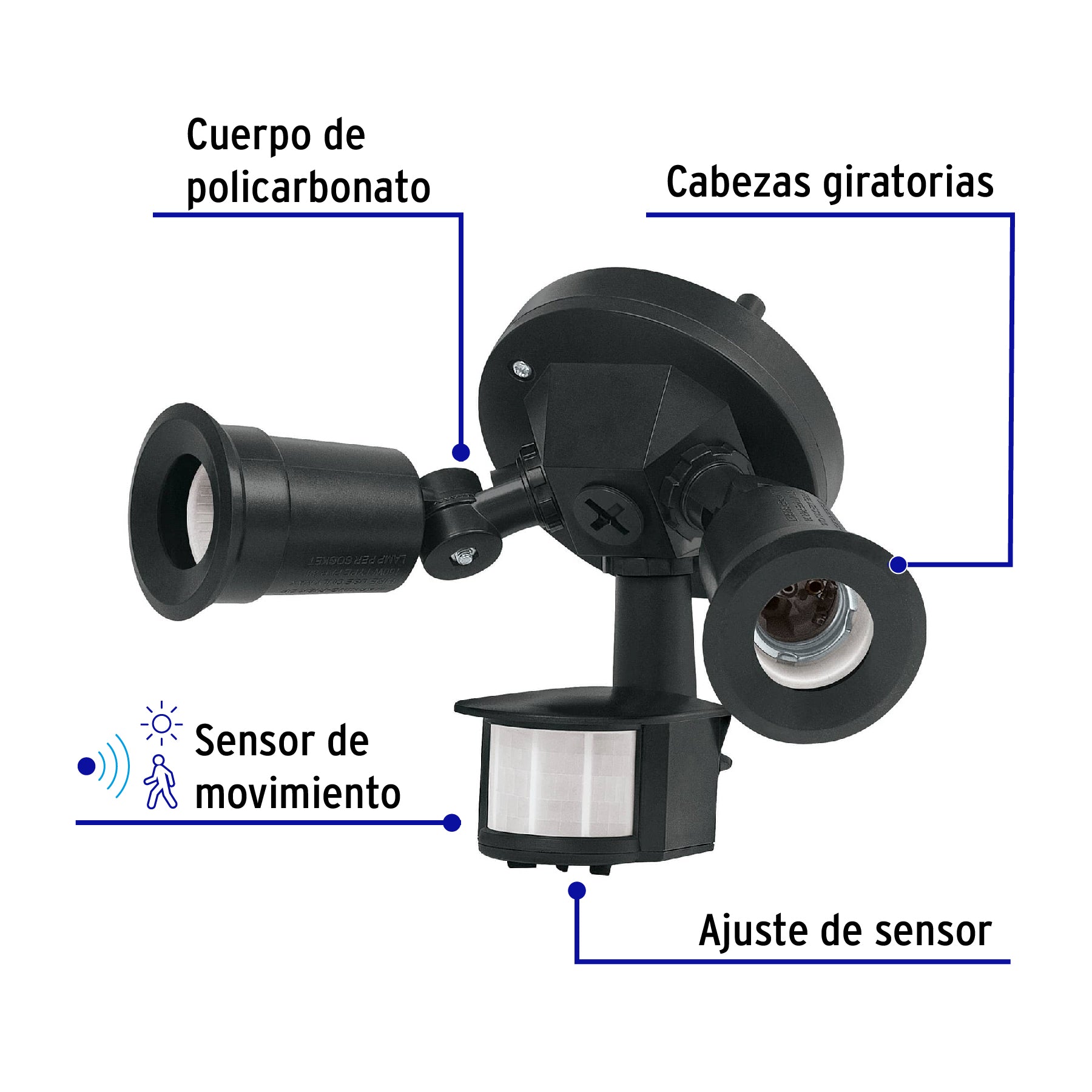 Arbotante negro con sensor de movimiento, 2XE26, Max. 300 W