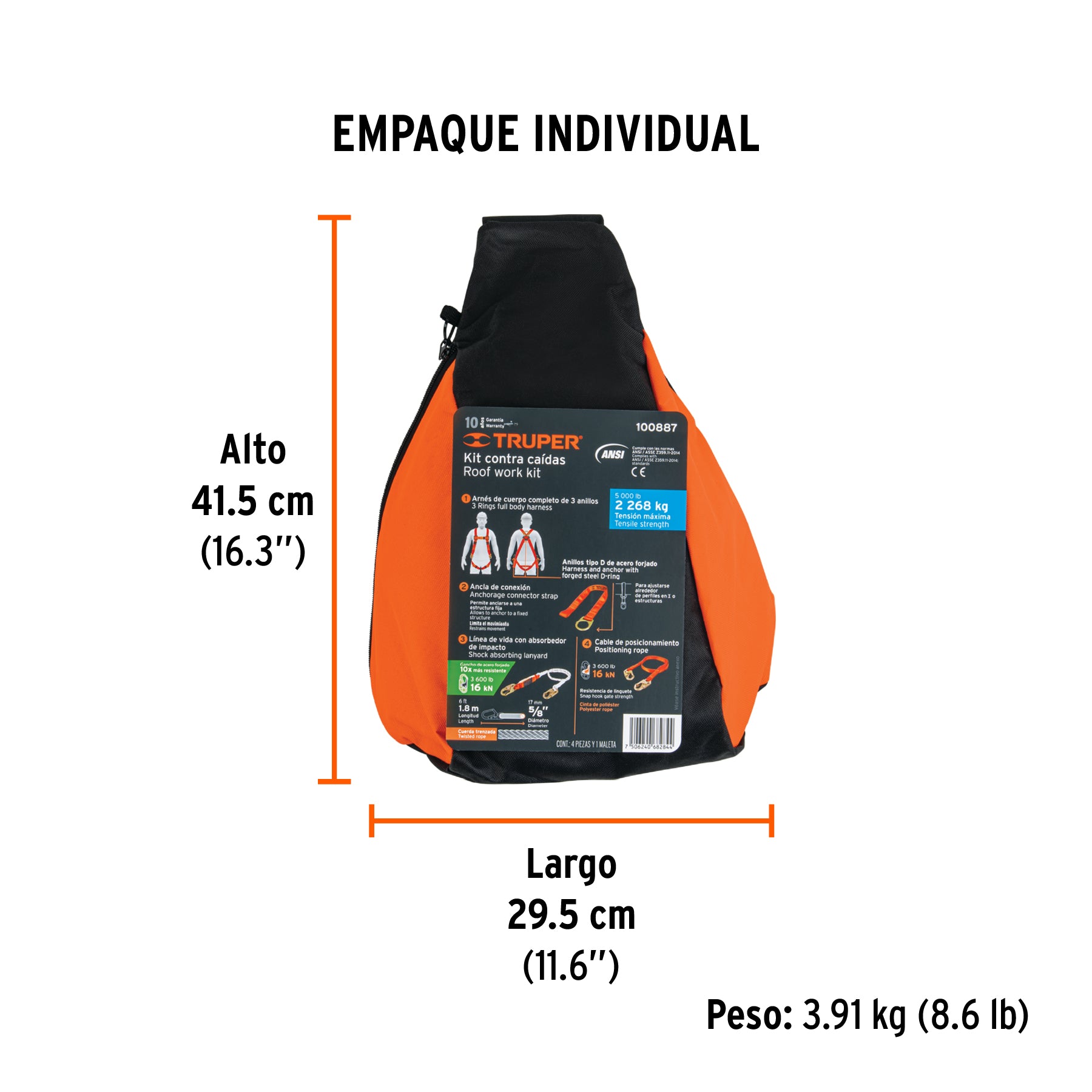 Kit contra caídas, arnés de tres anillos, ANSI