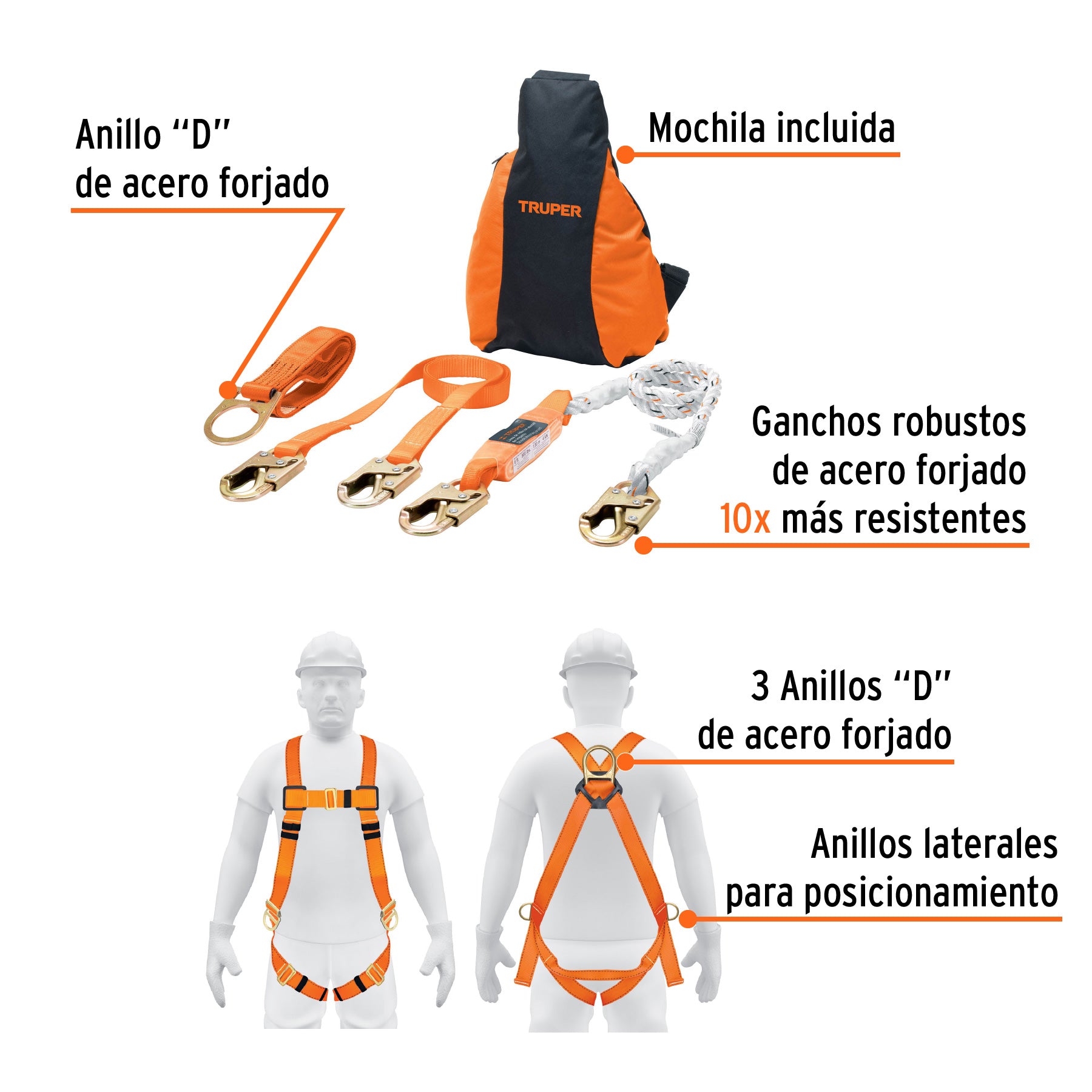 Kit contra caídas, arnés de tres anillos, ANSI