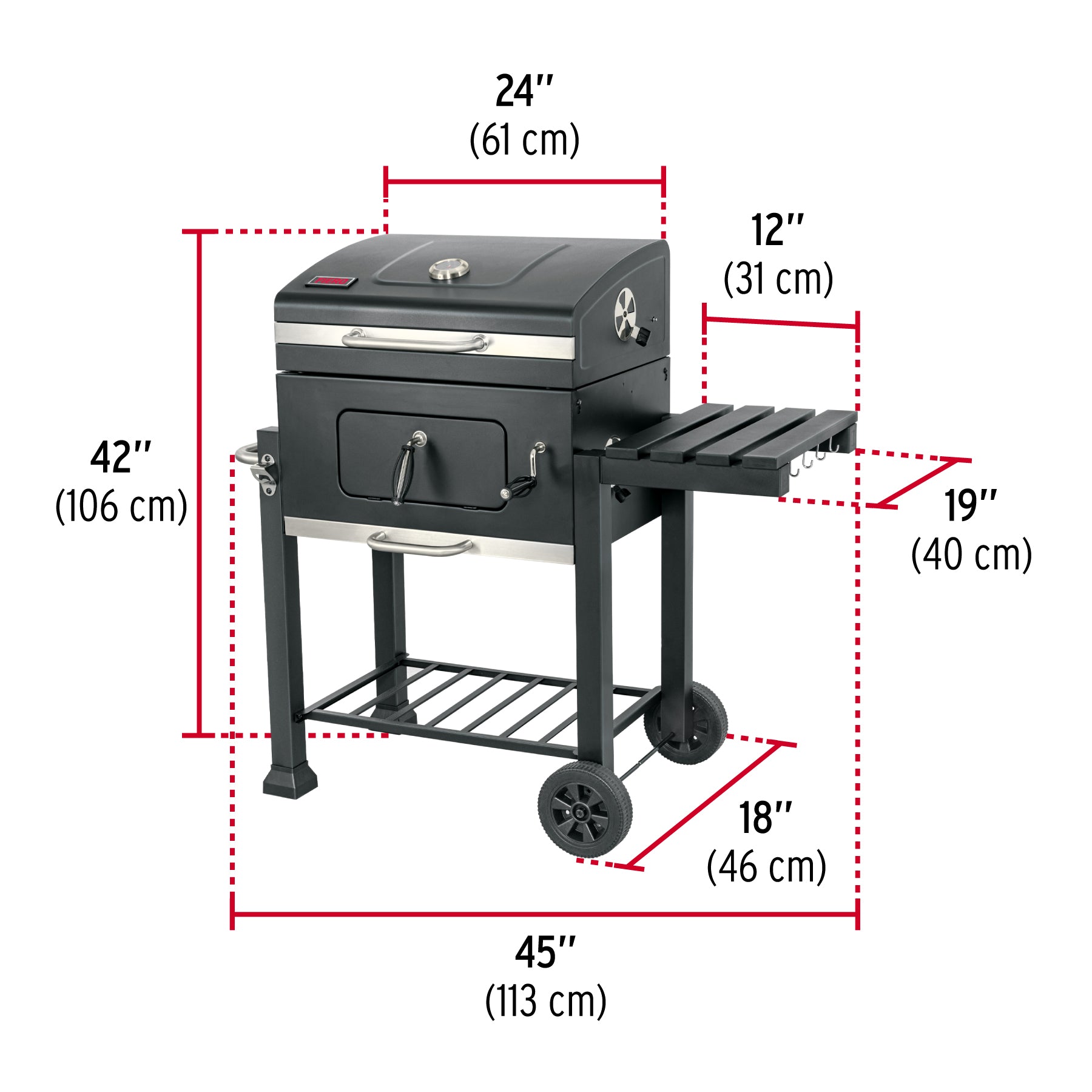 Asador de carbón de 24' con tapa, negro, Fiero