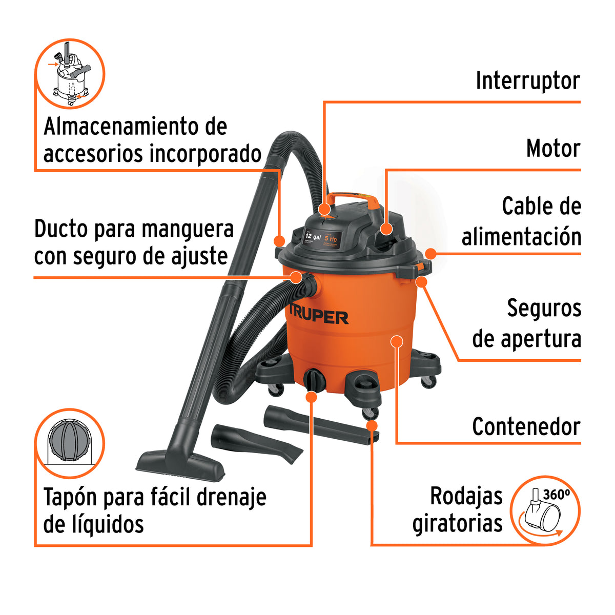 Aspiradora de sólidos y líquidos de 12 gal, plástica