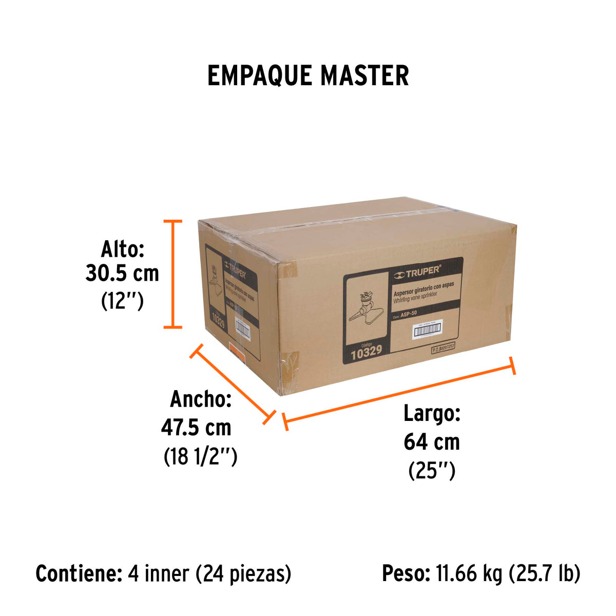 Aspersor metálico, giratorio con aspas,diámetro riego 5 mts