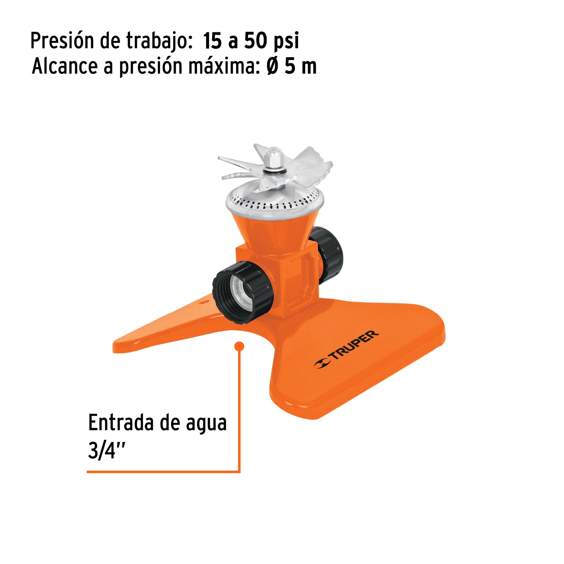 Aspersor metálico, giratorio con aspas,diámetro riego 5 mts