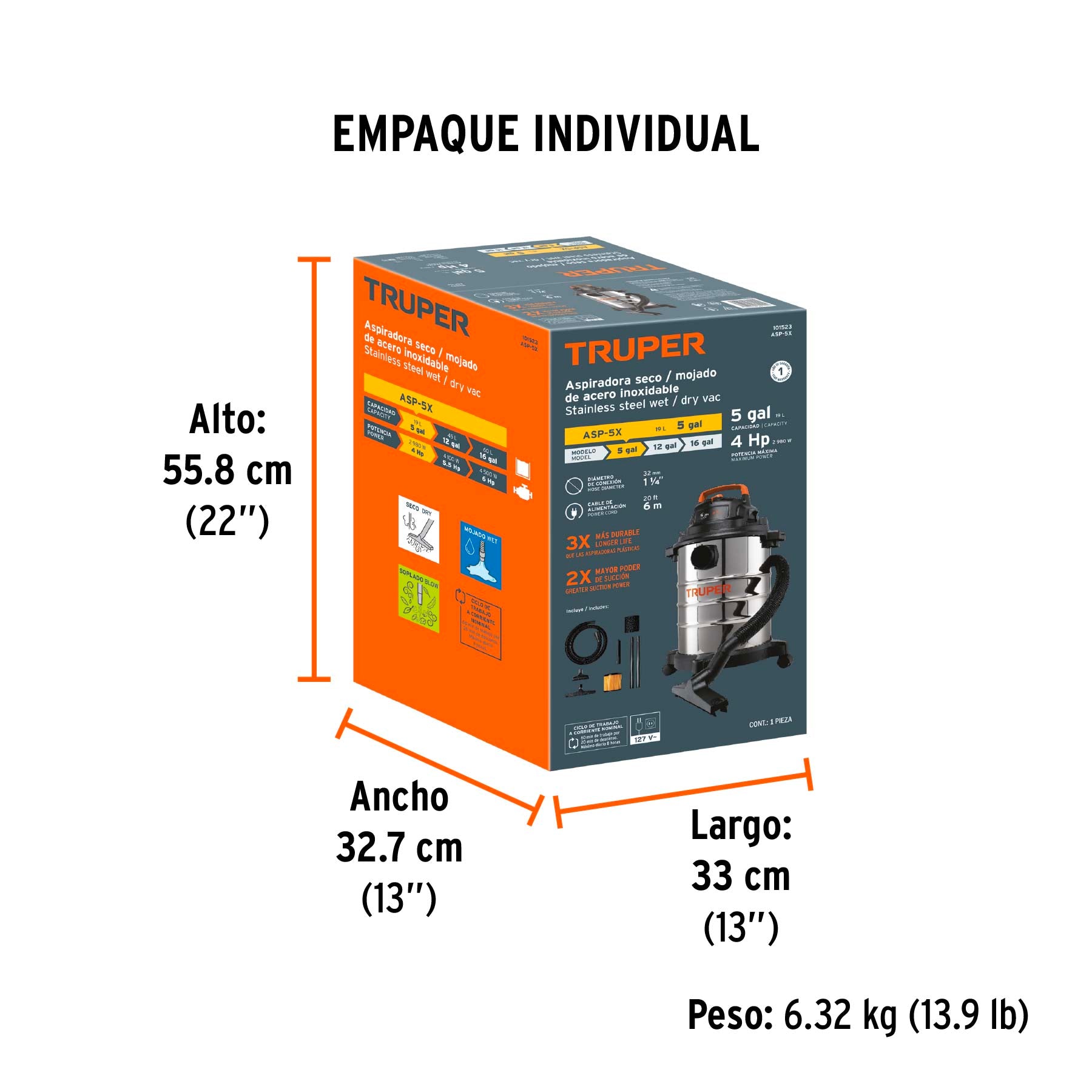 Aspiradora de sólidos y líquidos de 5 gal en acero inox