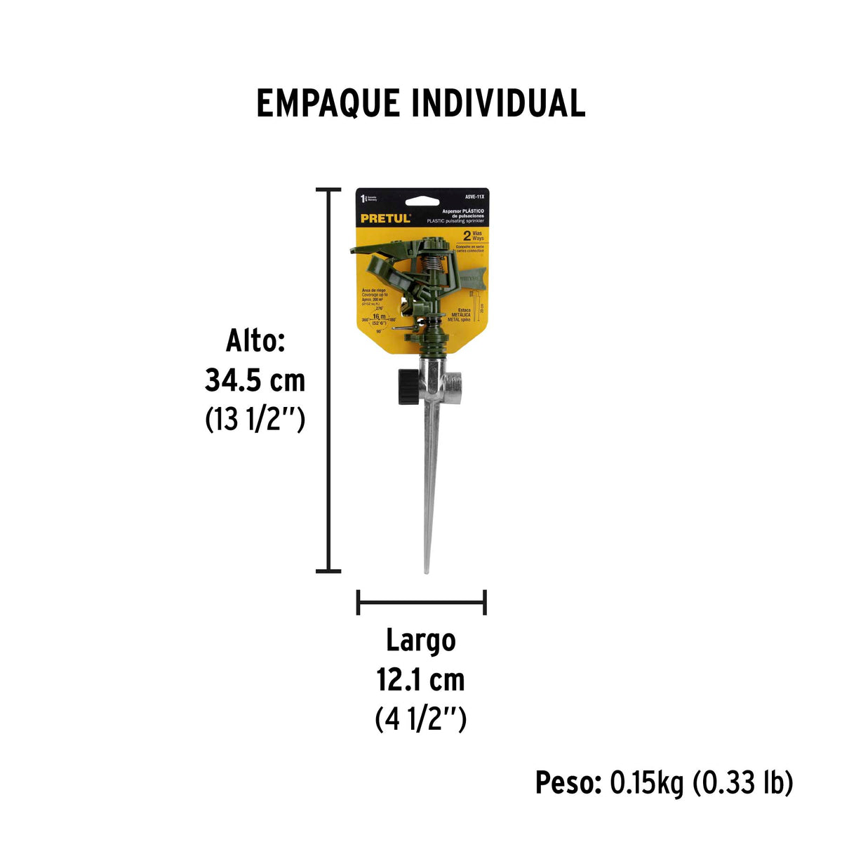 Aspersor verde, plástico, dos vías, estaca de zinc de 11"