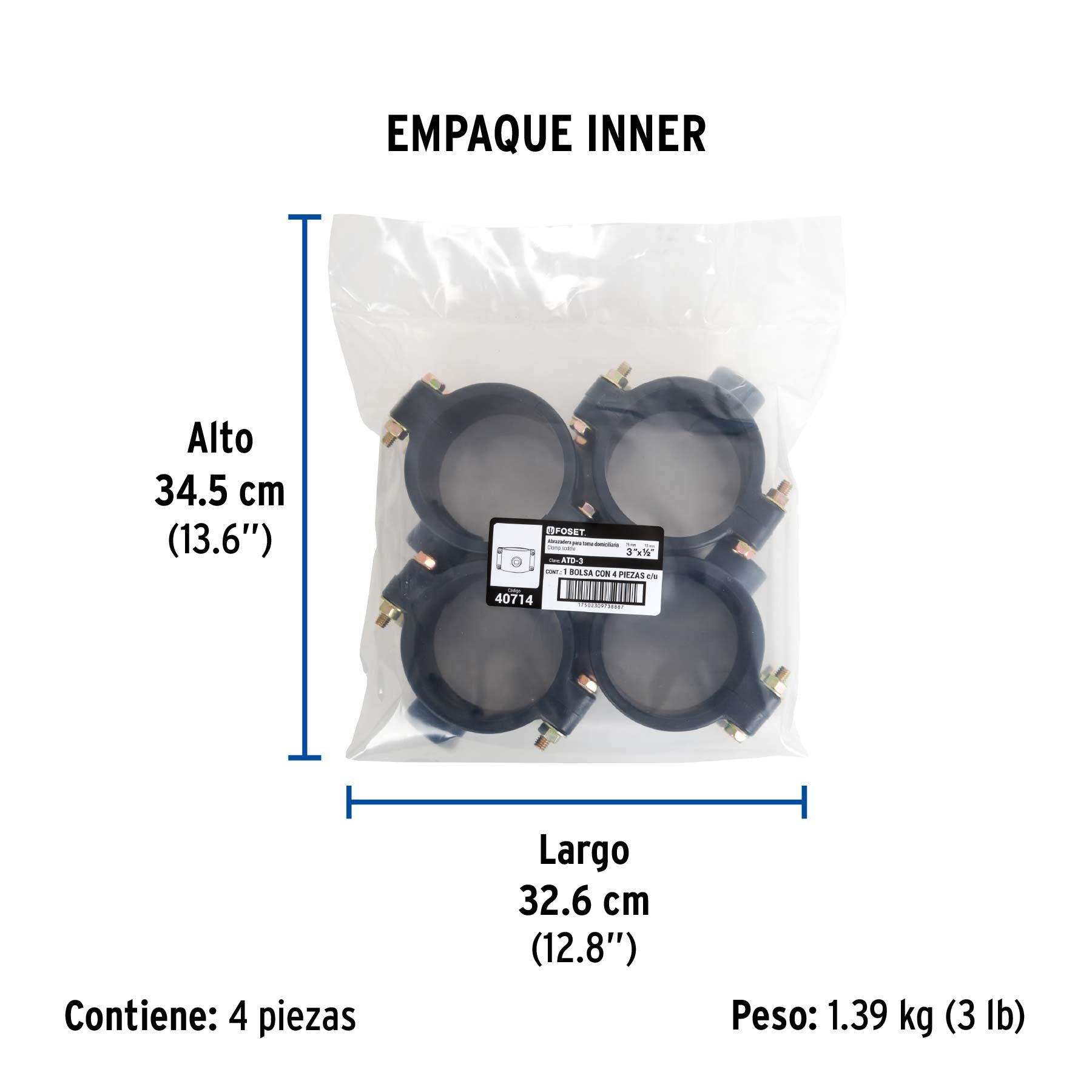 Abrazadera para toma domiciliaria PP 3' x 1/2', Foset