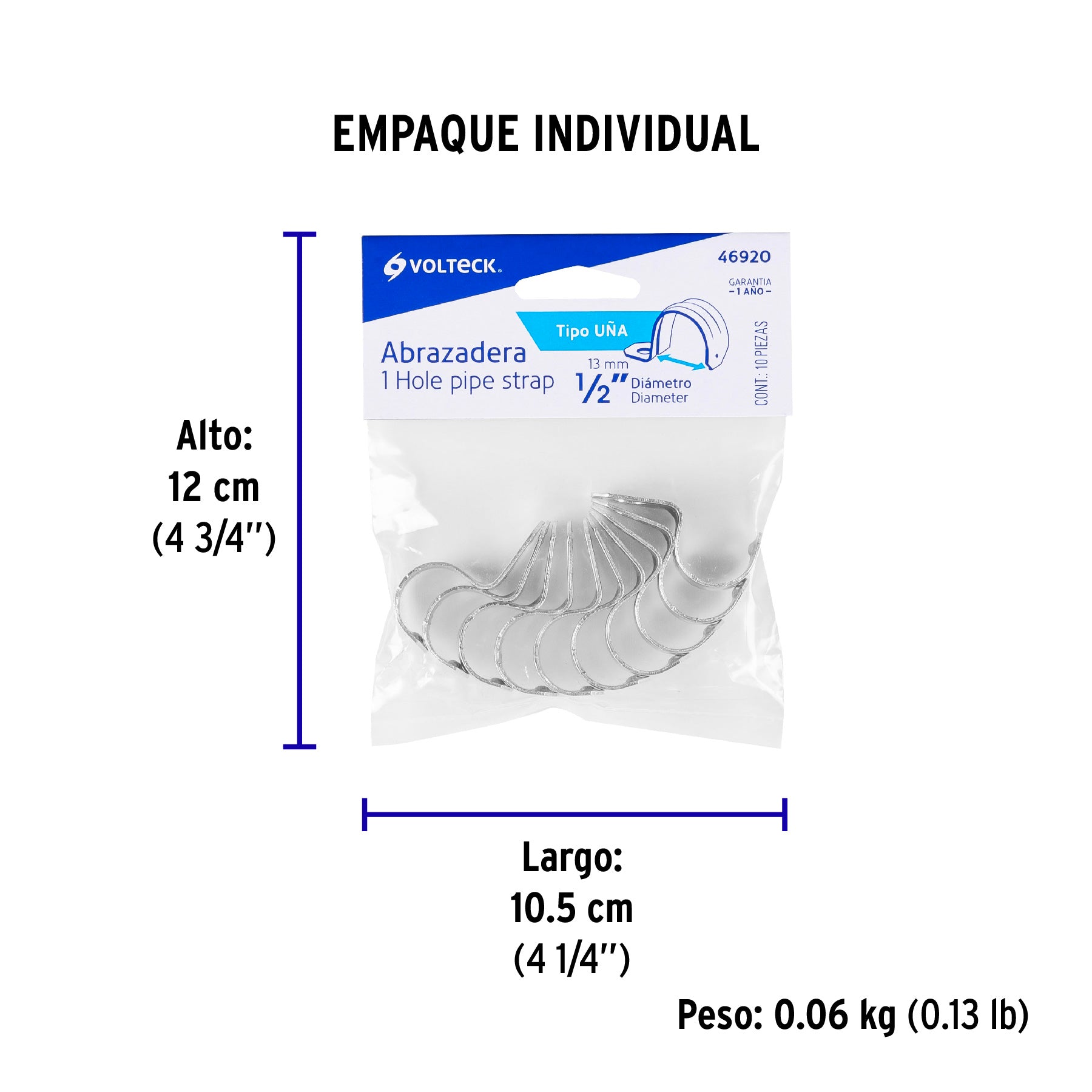 Abrazadera de tubo tipo uña 1/2", bolsa con 10 pzas, Volteck