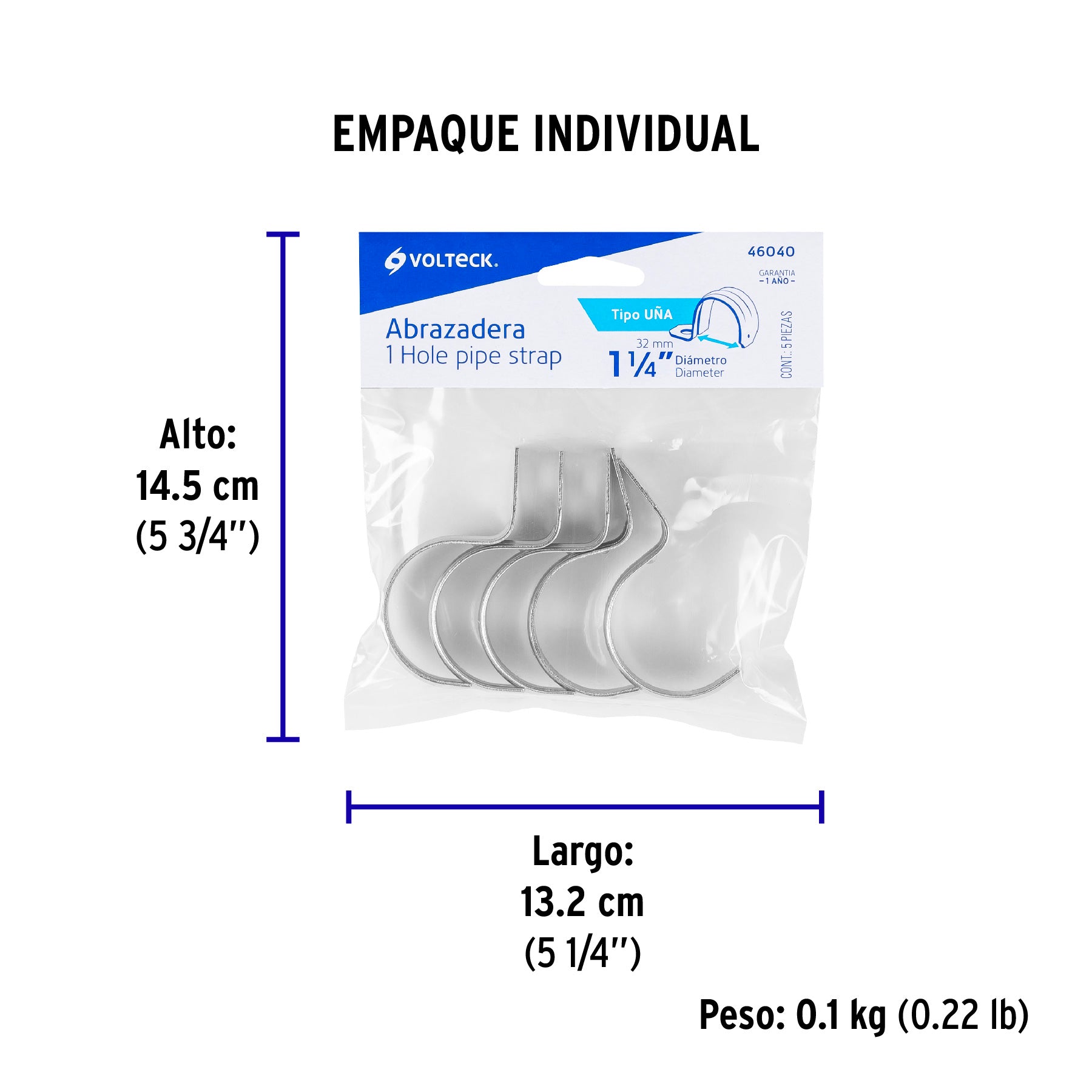 Abrazadera tubo tipo uña 1-1/4", bolsa con 5 pzas, Volteck