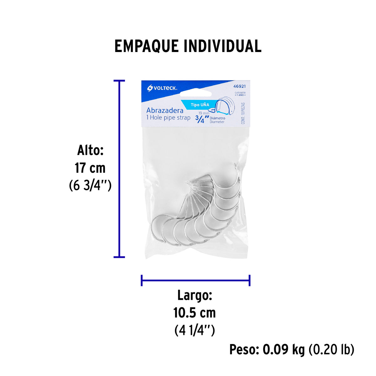 Abrazadera de tubo tipo uña 3/4",bolsa con 10 pzas , Volteck