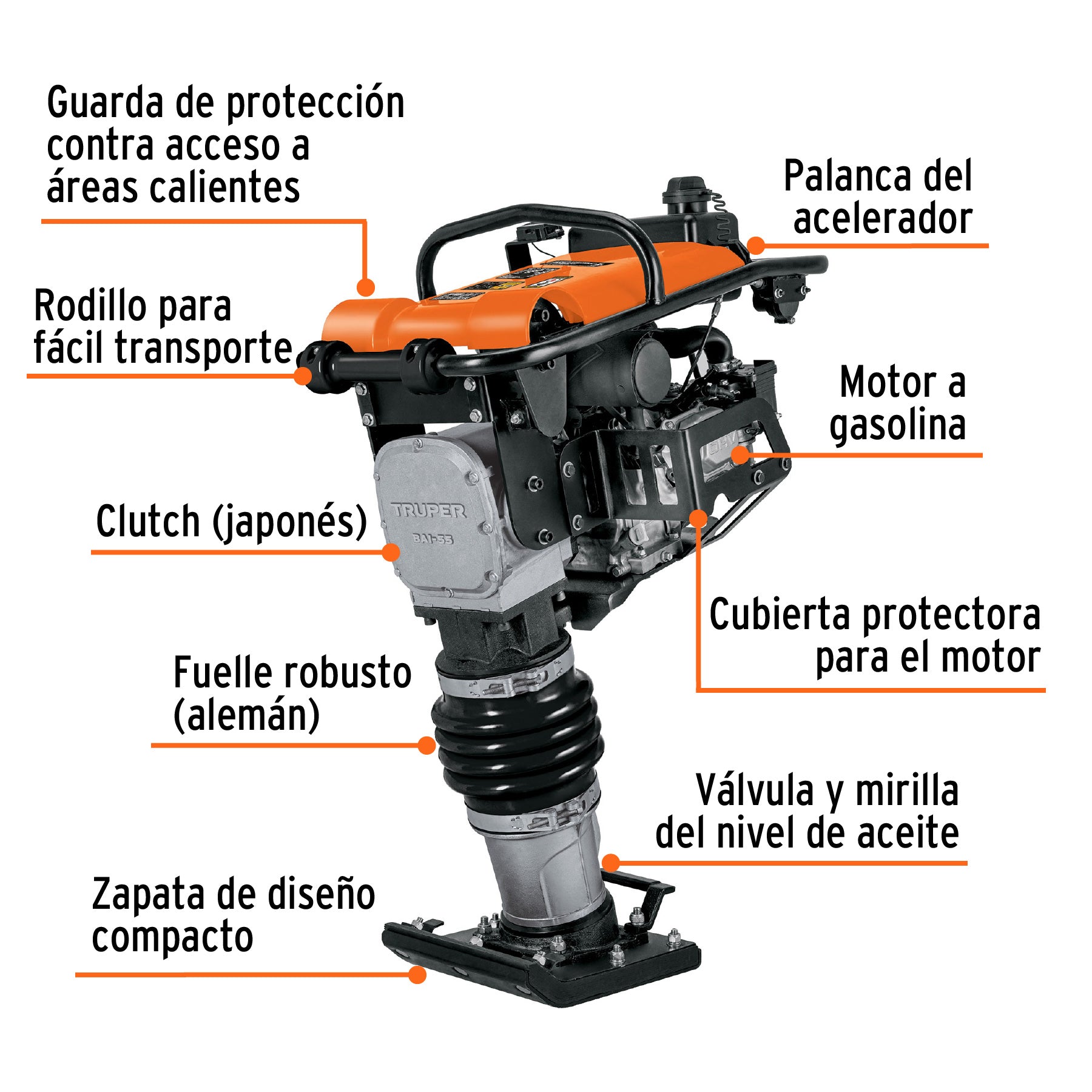 Bailarina compactadora 5.5 HP, motor Honda GX160, Truper