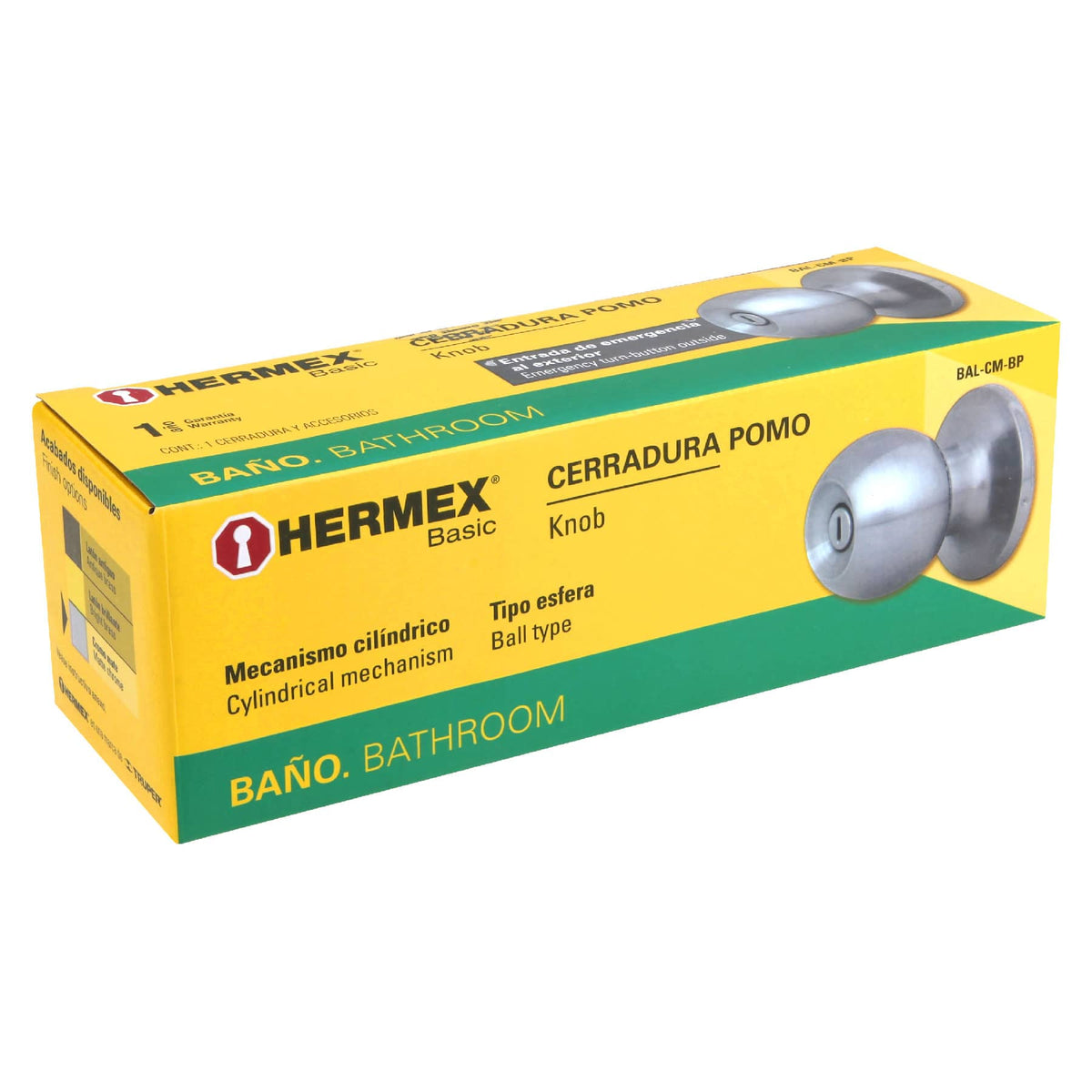 Cerradura pomo, CM, baño, cilíndrica, Hermex Basic