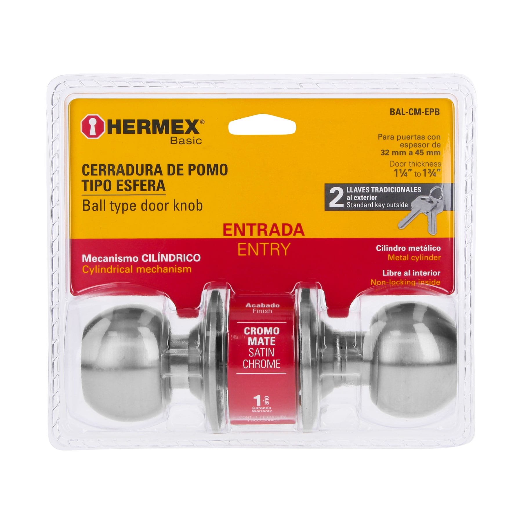Cerradura esfera, cil, ent, cromo, HB,blister
