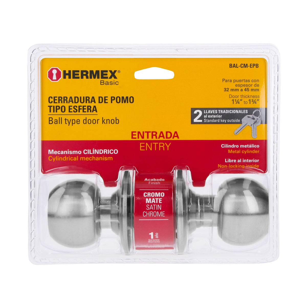 Cerradura esfera, cil, ent, cromo, HB,blister