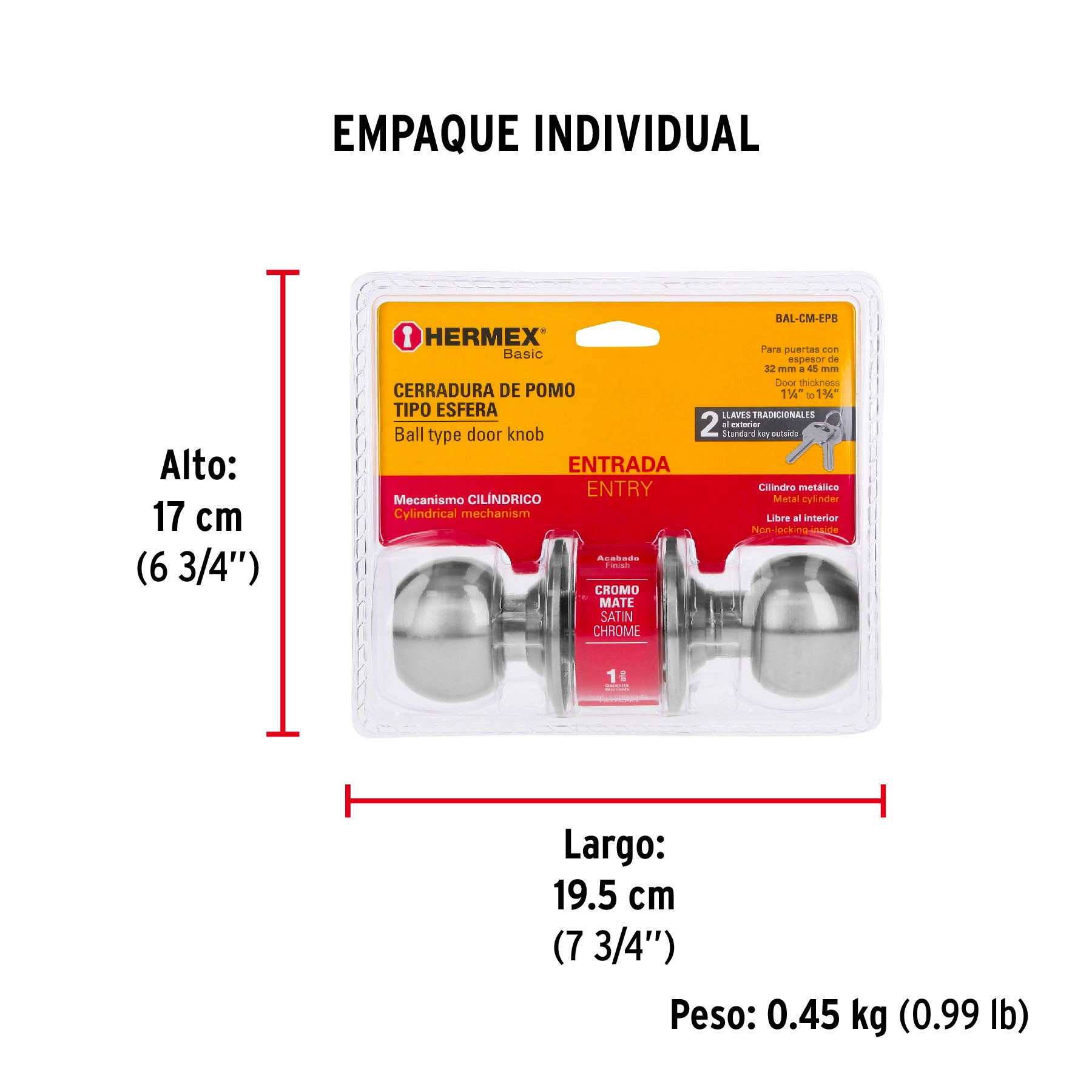 Cerradura esfera, cil, ent, cromo, HB,blister