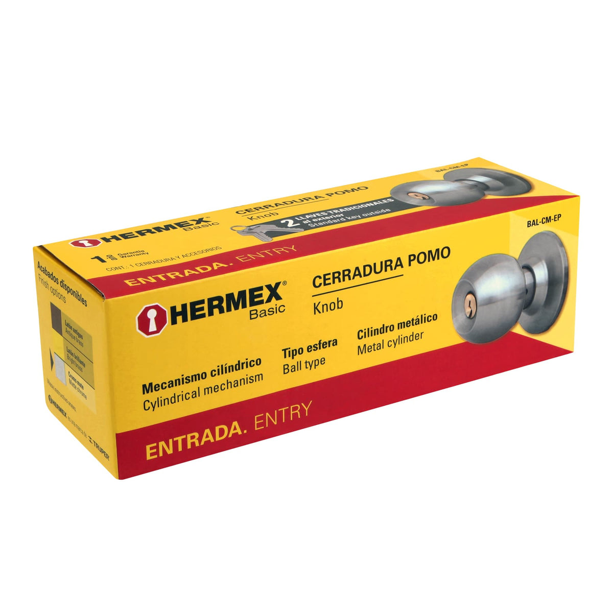Cerradura pomo, CM, entrada, cilíndrica, Hermex Basic