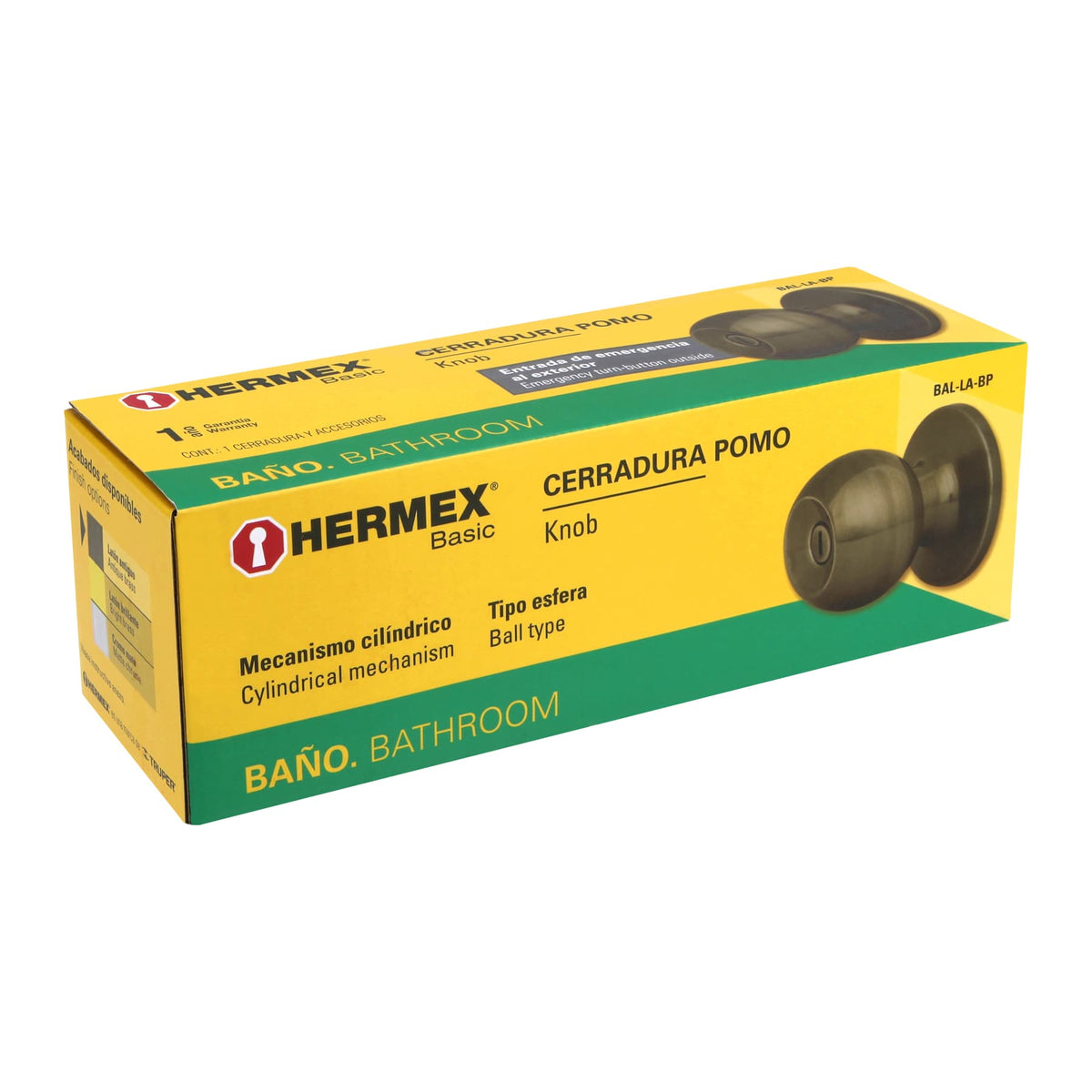 Cerradura pomo, LA, baño, cilíndrica, Hermex Basic