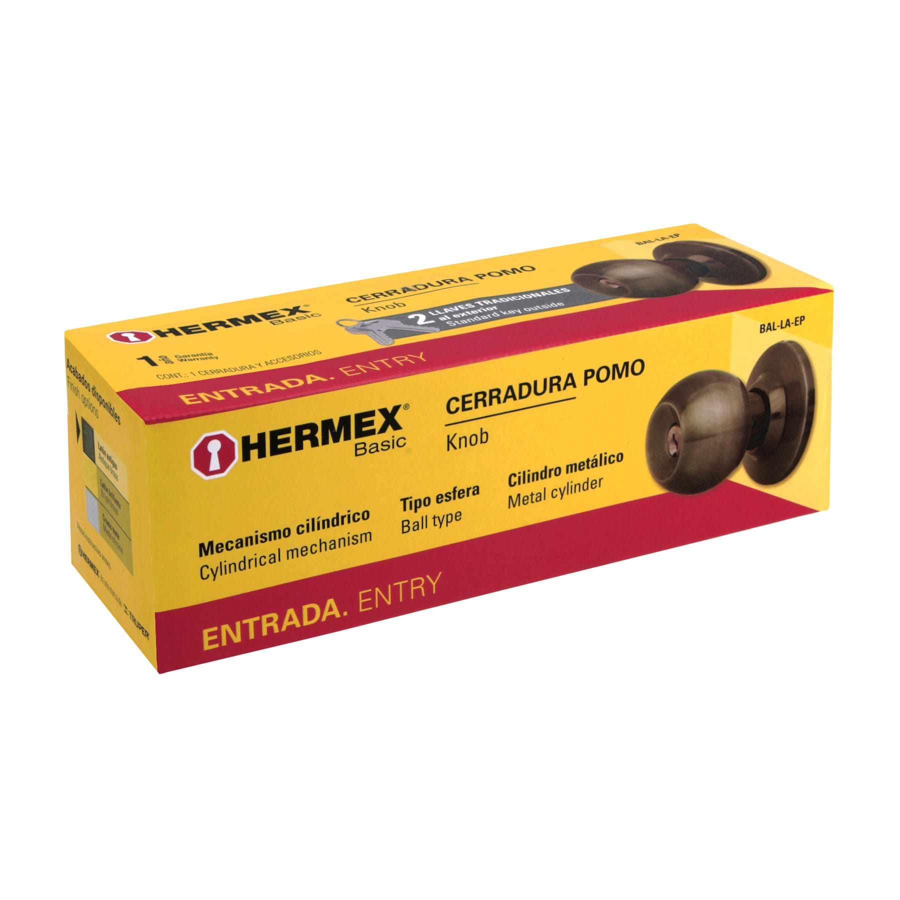 Cerradura pomo, LA, entrada, cilíndrica, Hermex Basic